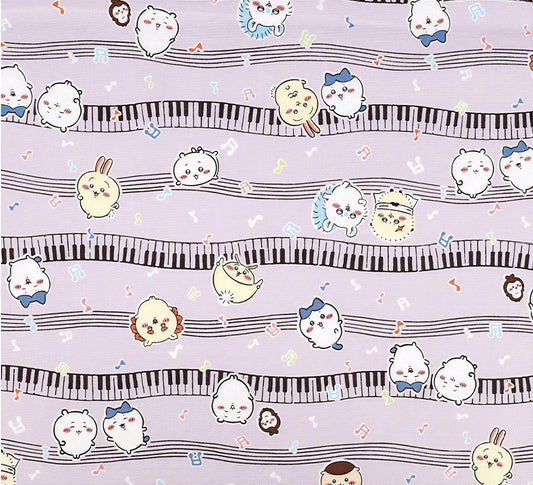 a repeating pattern of cartoon-style animals, including cats, rabbits, and birds, along with musical notes and piano keys. The animals are depicted in various poses and expressions, creating a lively and playful atmosphere.