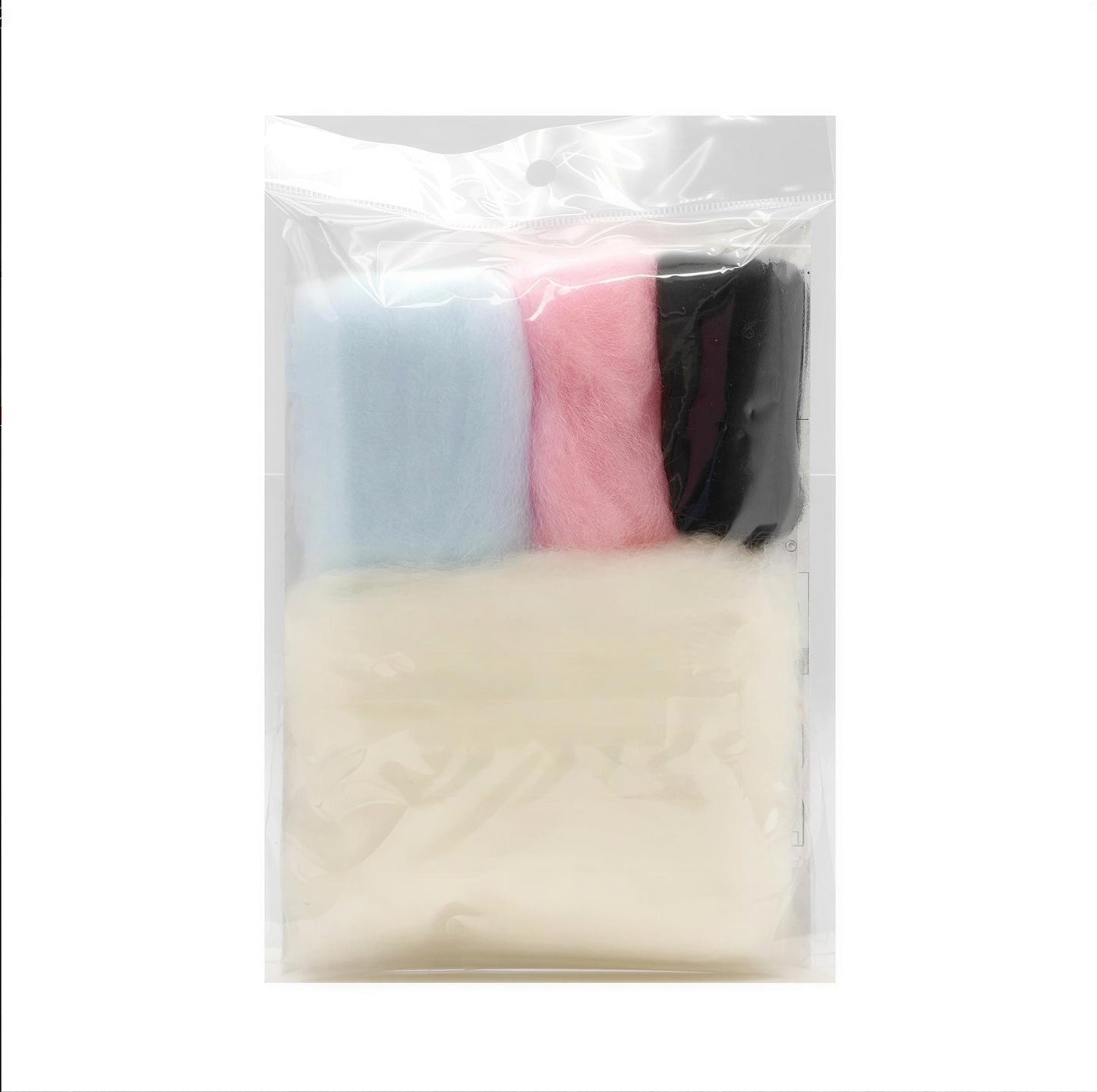 A package containing three different colored cotton balls, including blue, pink, and black.