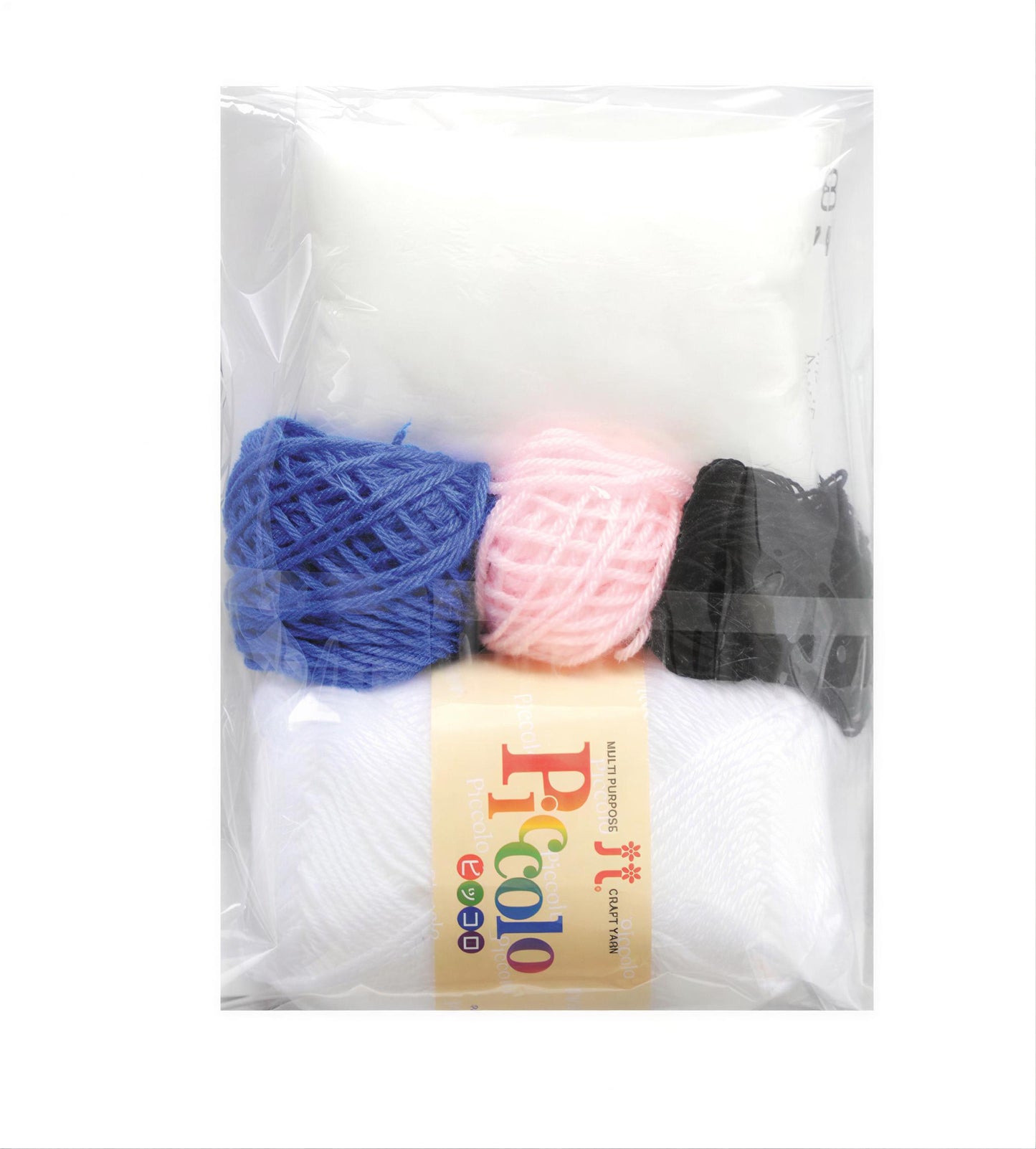 A package containing various colored yarn balls, including blue, pink, black, and white, along with a label that reads "Picolo yarn".