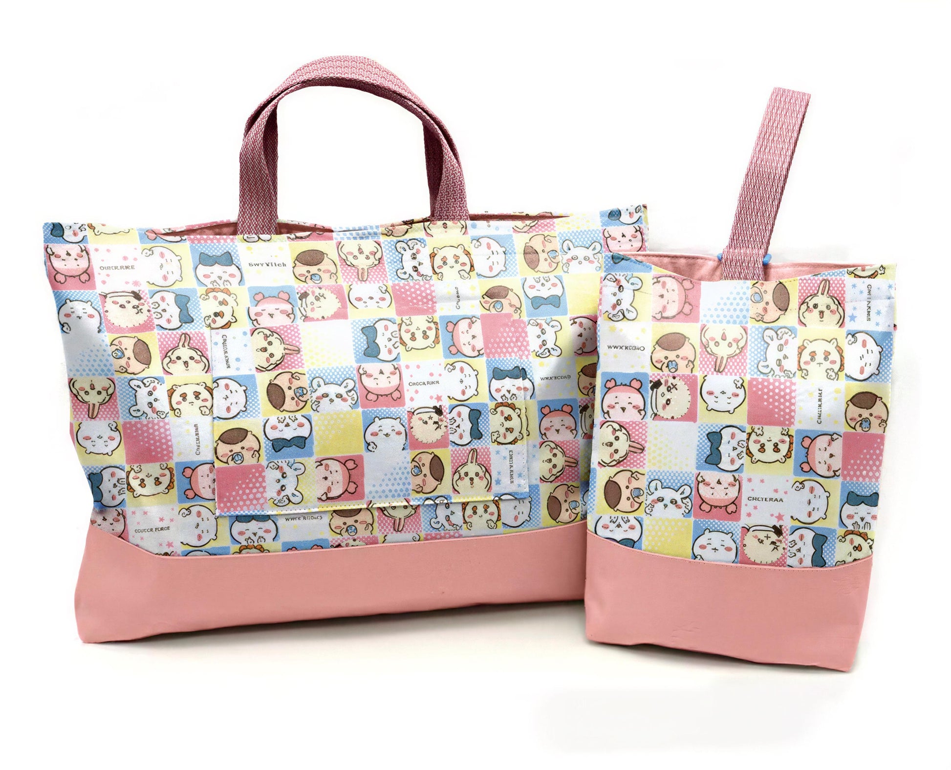 two pink tote bags with a colorful, cartoon-like pattern of cats and other animals printed on them.
