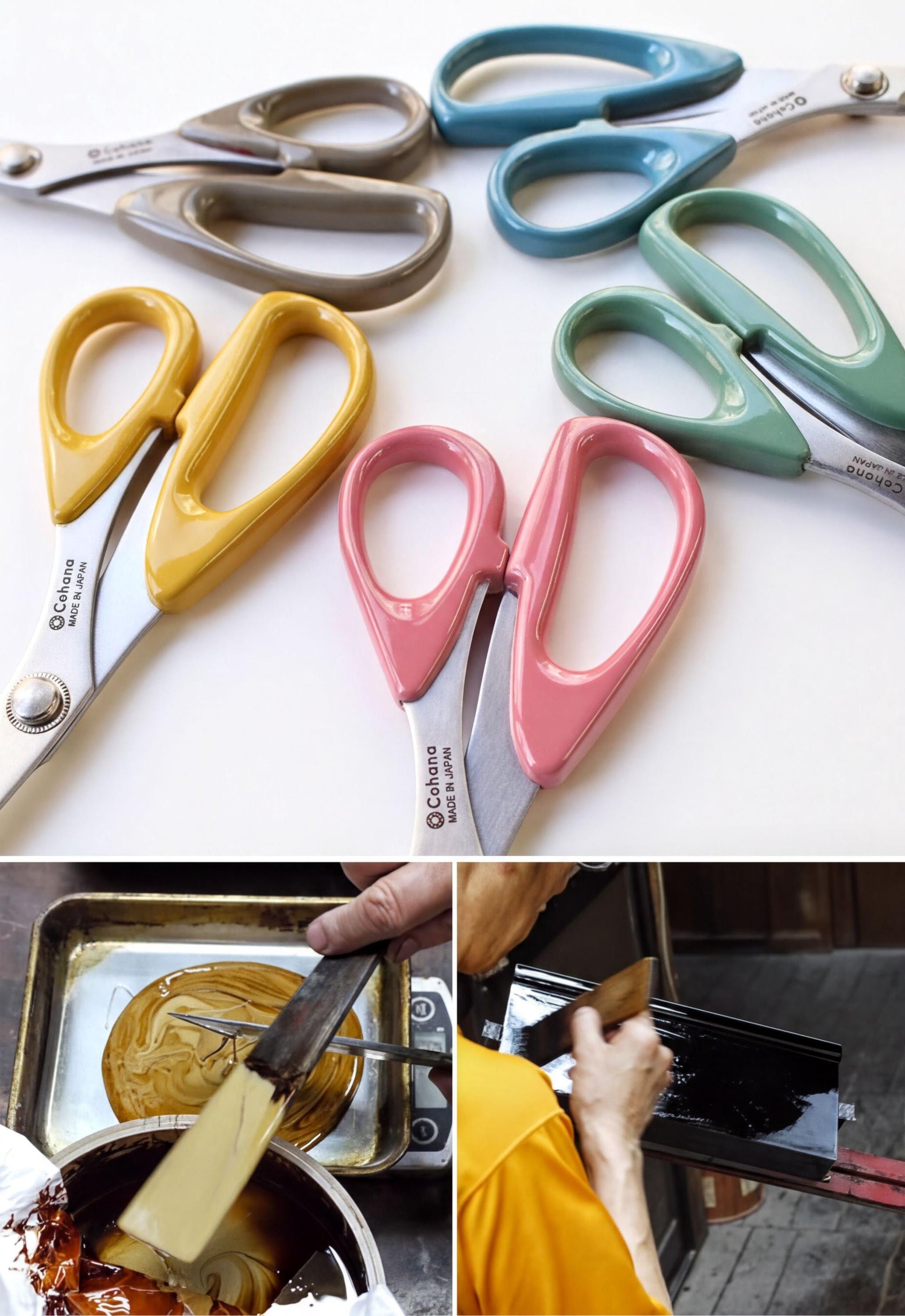 The image is a collage of three photos. The top photo shows a pair of scissors with different colors, the middle photo depicts a person using a pair of scissors, and the bottom photo shows a person using a pair of scissors to apply something to a surface.