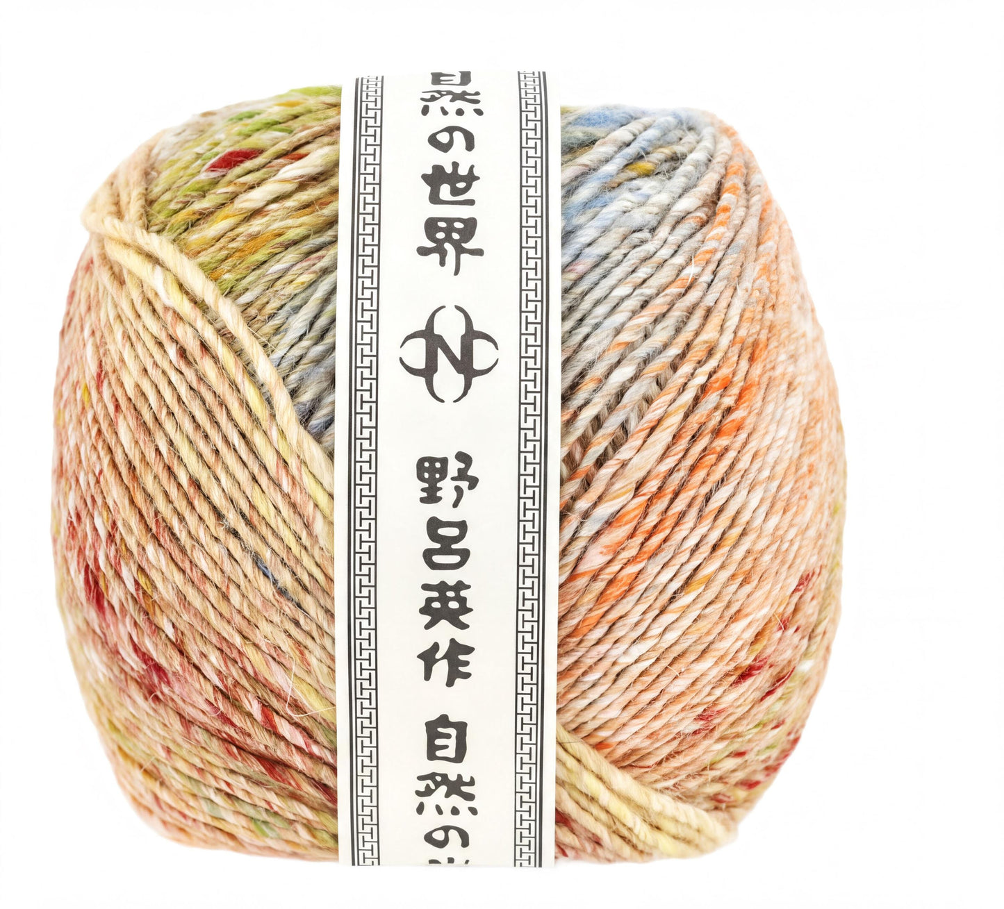 A ball of multicolored yarn with a label that includes Japanese text.