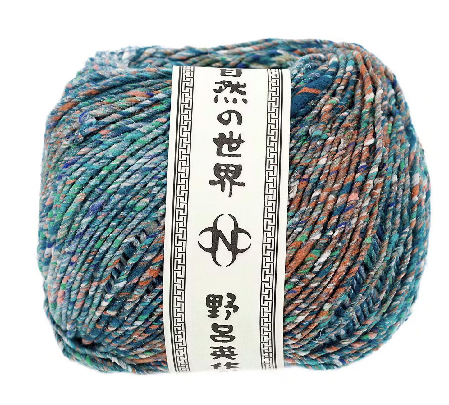 A ball of multicolored yarn with a label that includes Japanese text.