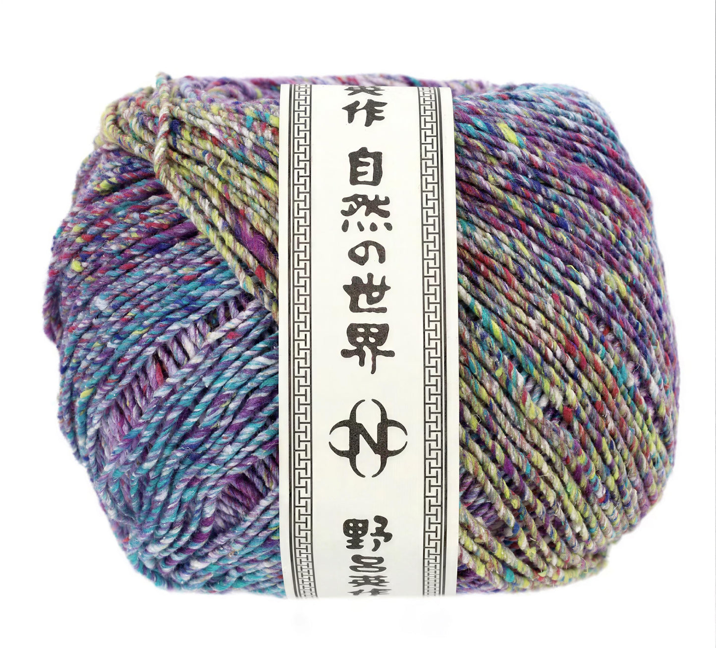 A ball of multicolored yarn with a label that includes Japanese text.