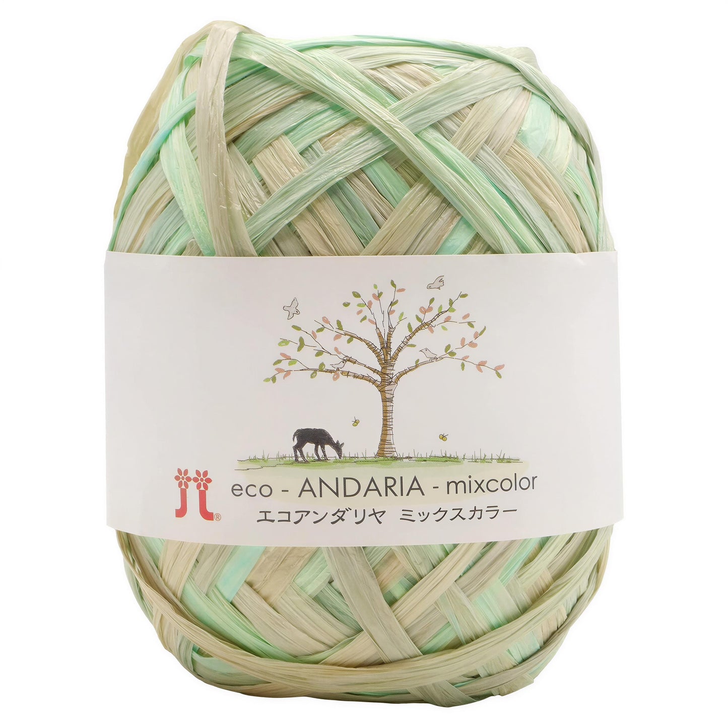 A ball of yarn with a label that includes a tree illustration and text in multiple languages.