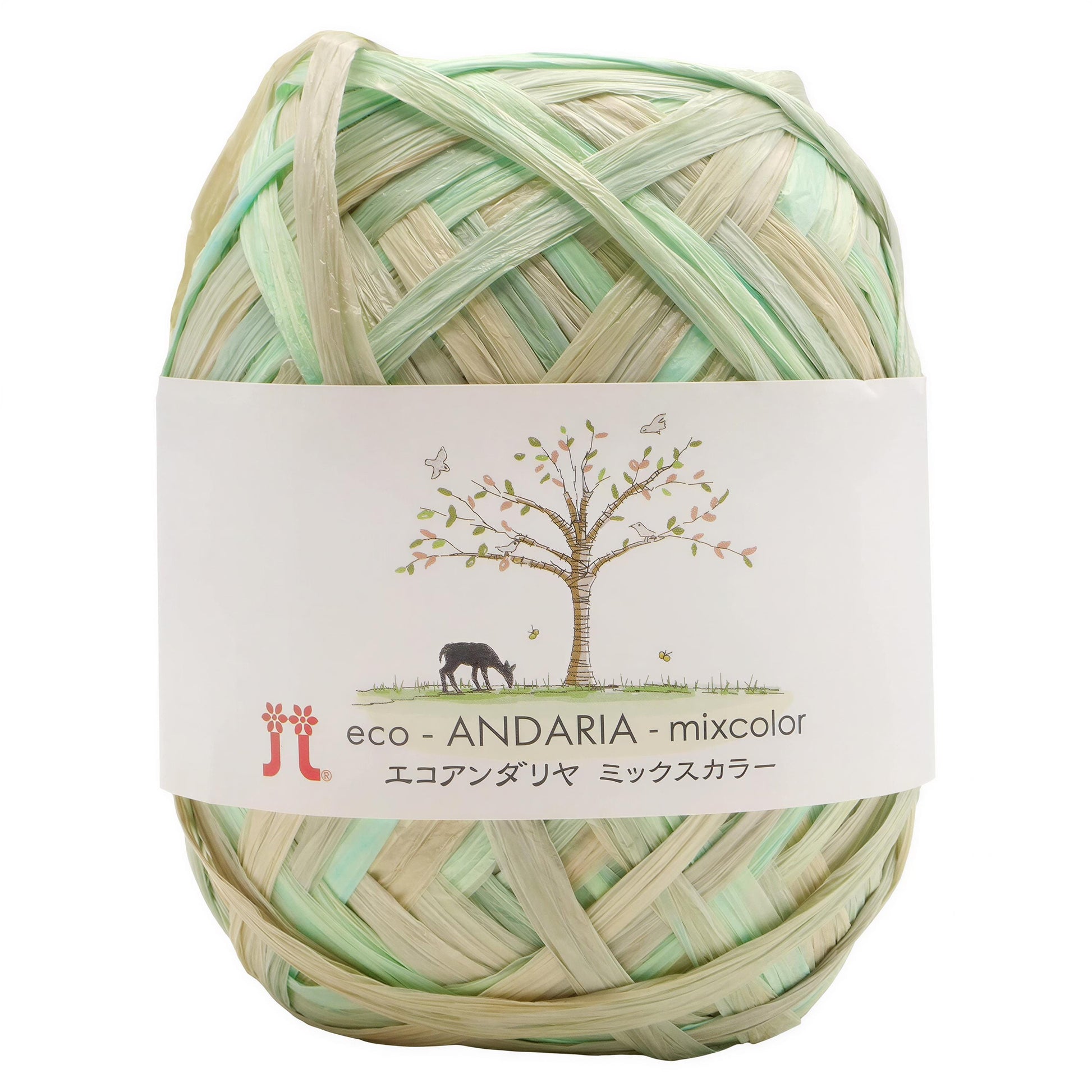A ball of yarn with a label that includes a tree illustration and text in multiple languages.