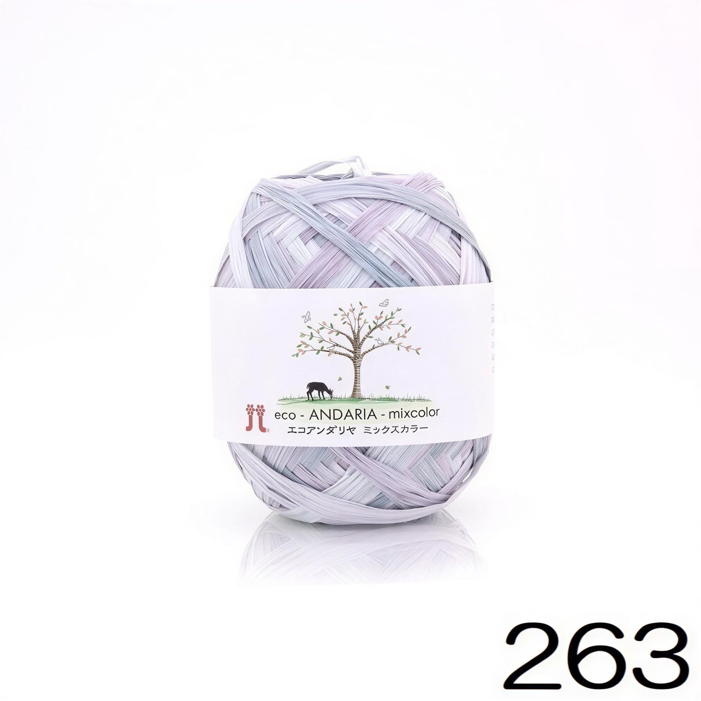 A ball of yarn with a label that reads "eco ANDARI - mixcolor" and "jump rope" written on it.