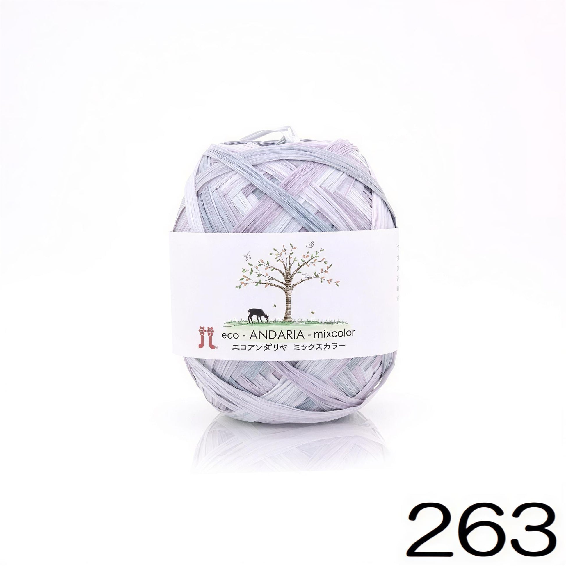 A ball of yarn with a label that reads "eco ANDARI - mixcolor" and "jump rope" written on it.