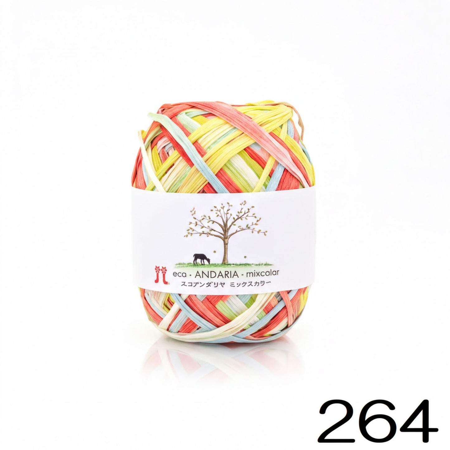 A ball of yarn with a label that reads "eco ANDARIA mixed color" and "264".