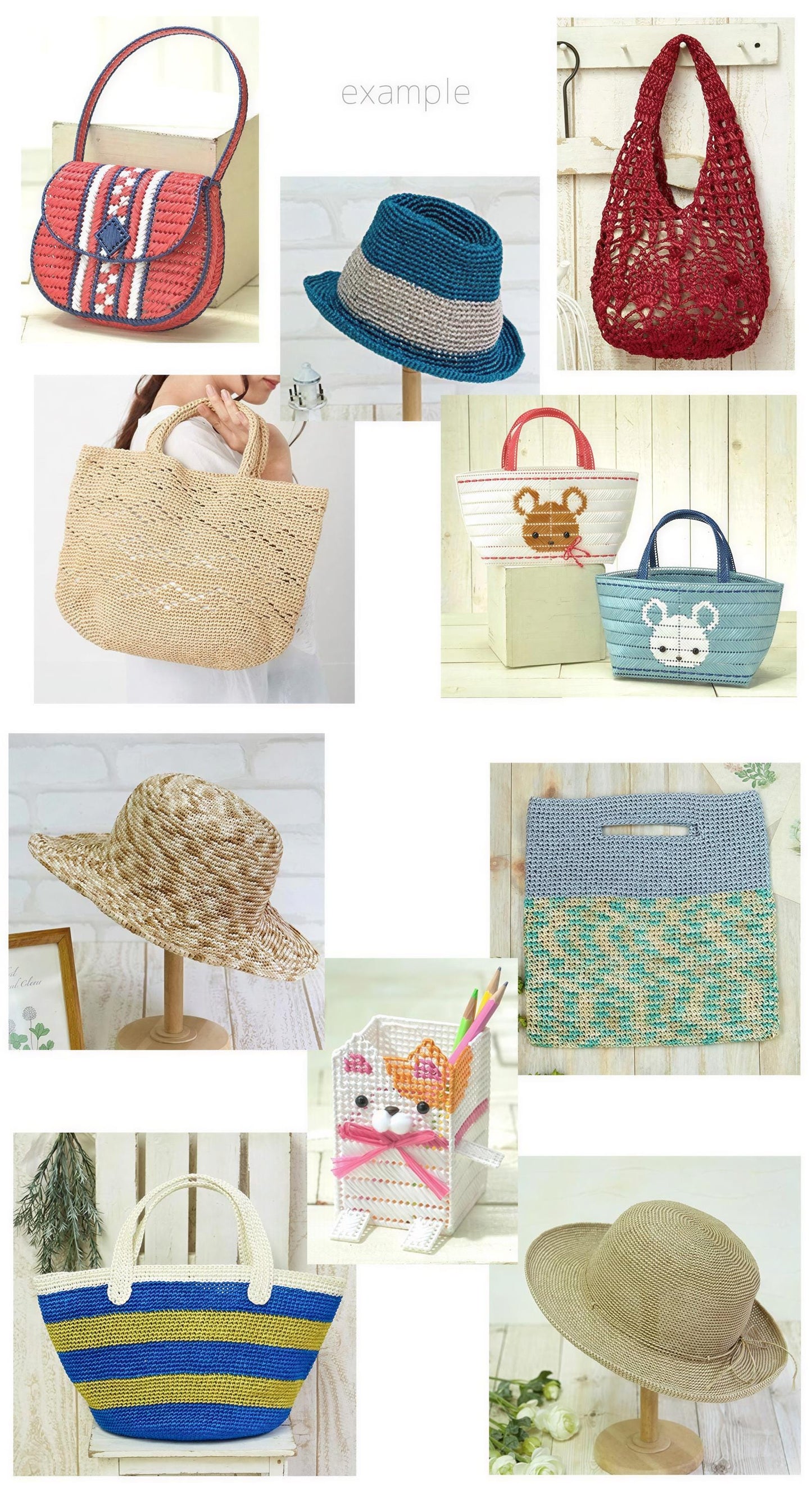 The image is a collage of various handbags and hats, showcasing different styles and colors.