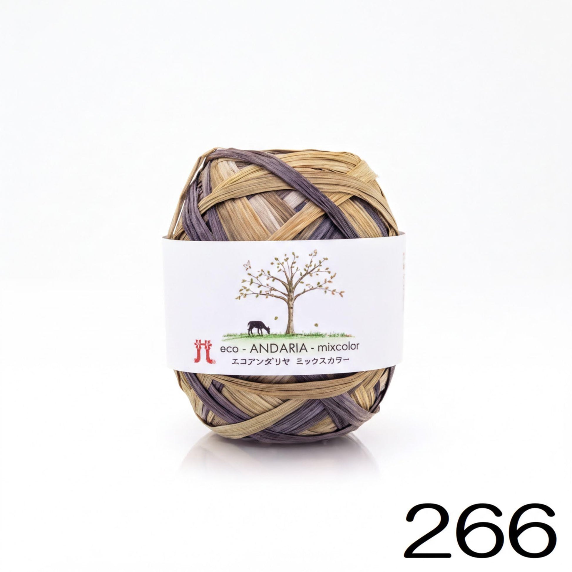 A ball of yarn with a label that reads "eco ANDaria - mixcolor" and "26".