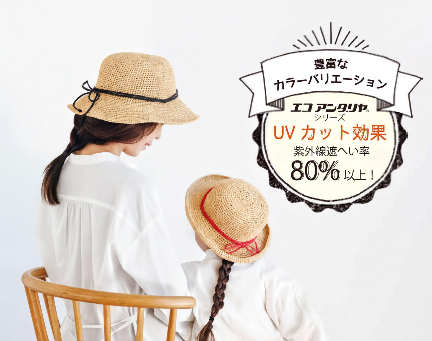 two women wearing straw hats, with a banner in the background advertising a product with a UV protection rate of 80%.