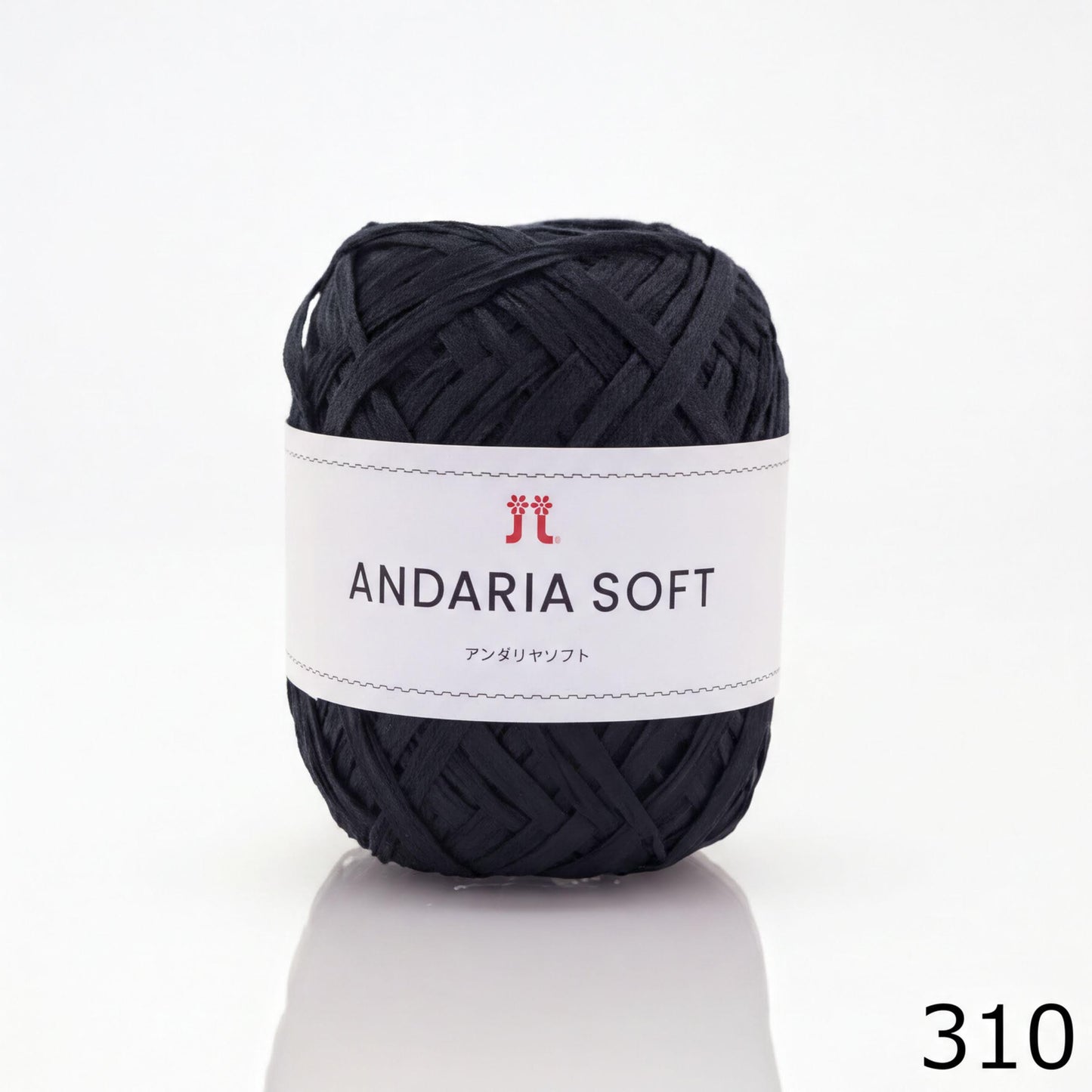 A ball of black yarn with a white label that reads "ANDARIA SOFT" and "おけけつつつつ" (which means "Soft" in Japanese).