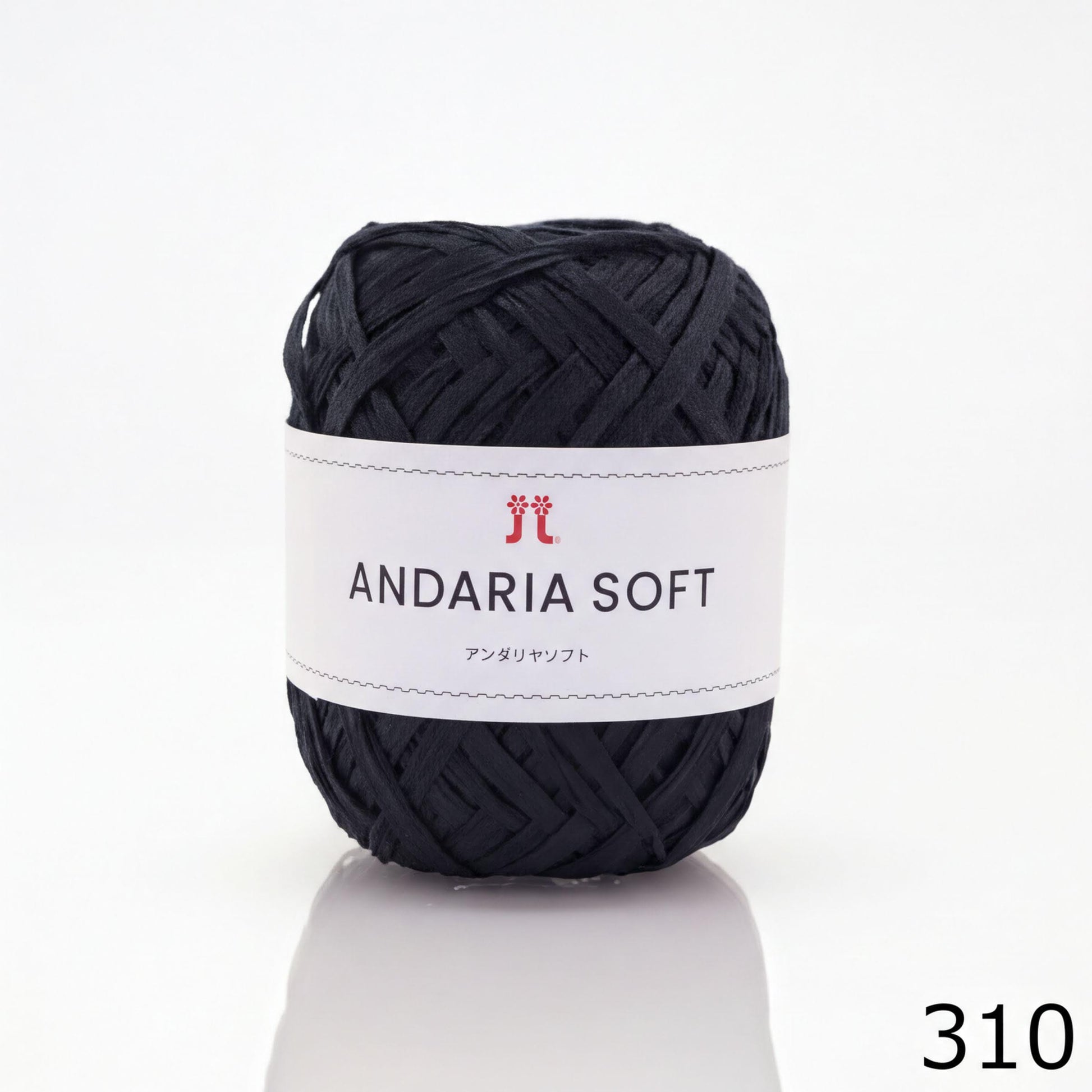 A ball of black yarn with a white label that reads "ANDARIA SOFT" and "おけけつつつつ" (which means "Soft" in Japanese).