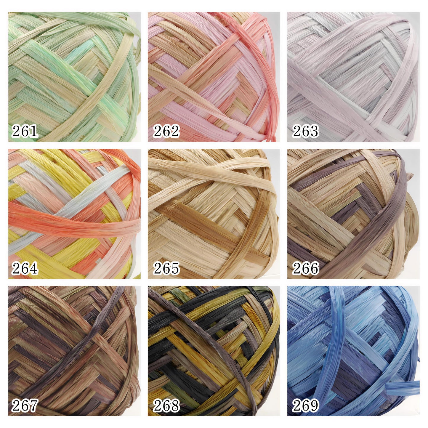 The image is a collage of nine different colored yarn balls, each with a unique pattern and color.