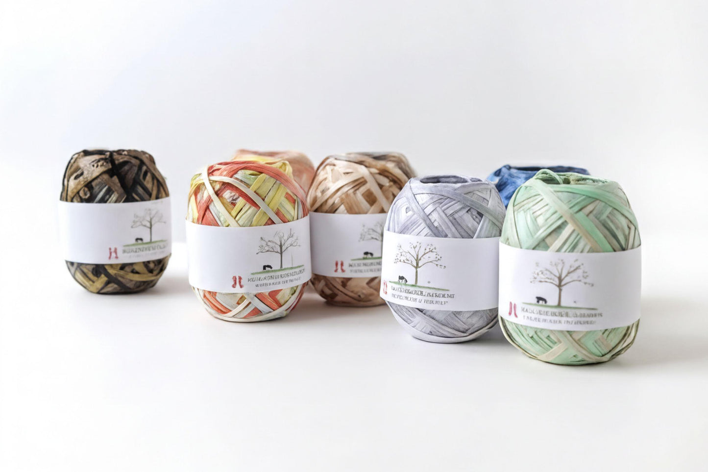 a collection of colorful spools of thread or yarn, each with a label that reads "The image depicts" or "The image displays" or "The image shows" or "The image captures" or "The image features", indicating that they are part of a larger collection or series.