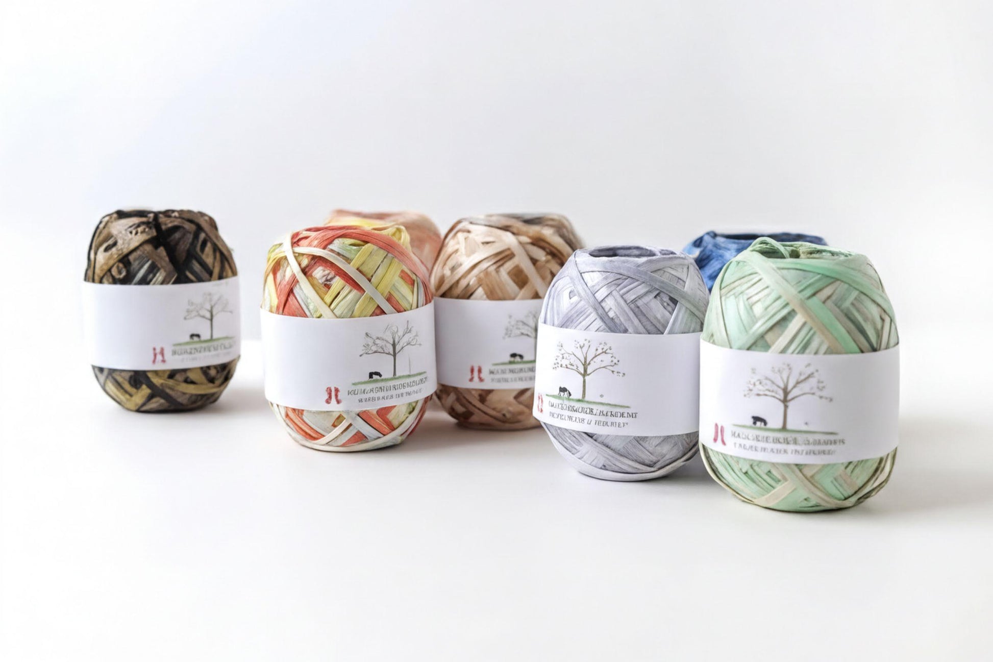 a collection of colorful spools of thread or yarn, each with a label that reads "The image depicts" or "The image displays" or "The image shows" or "The image captures" or "The image features", indicating that they are part of a larger collection or series.