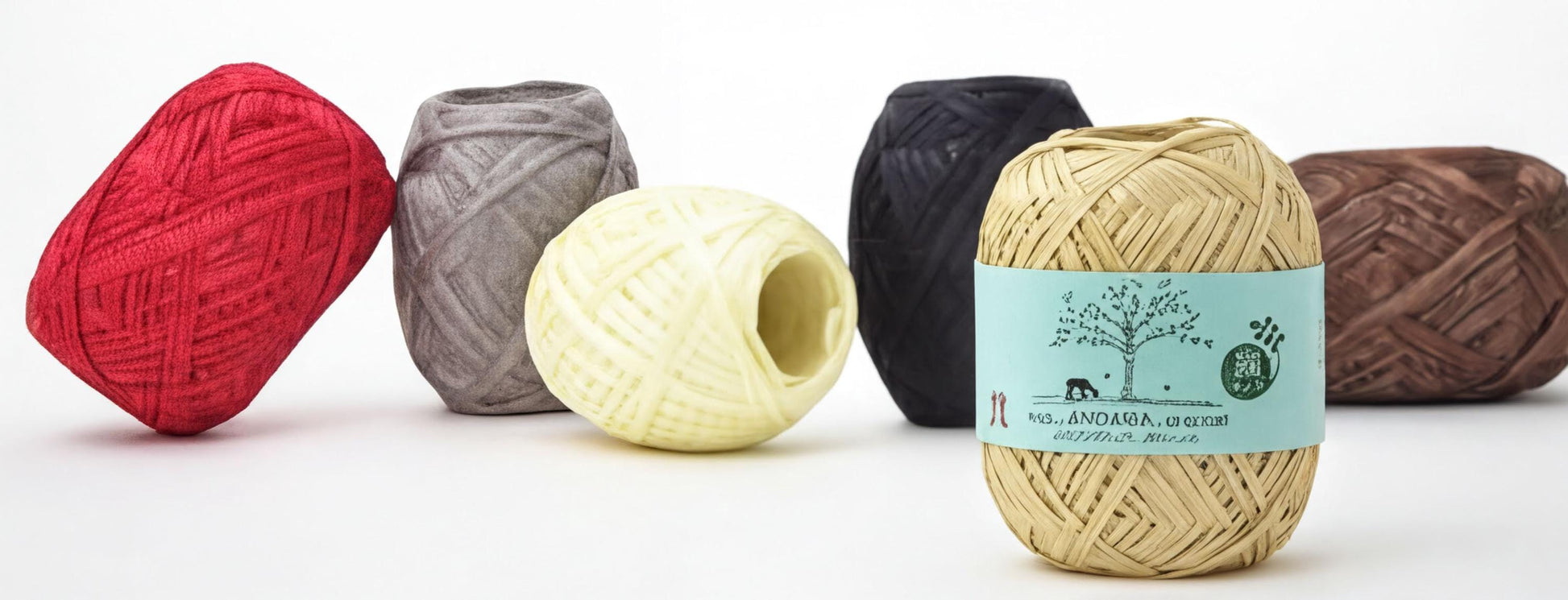 A close-up image of various spools of yarn, including red, gray, and yellow, with a label that reads "Andaria - crochet" and "coffee" in the background.