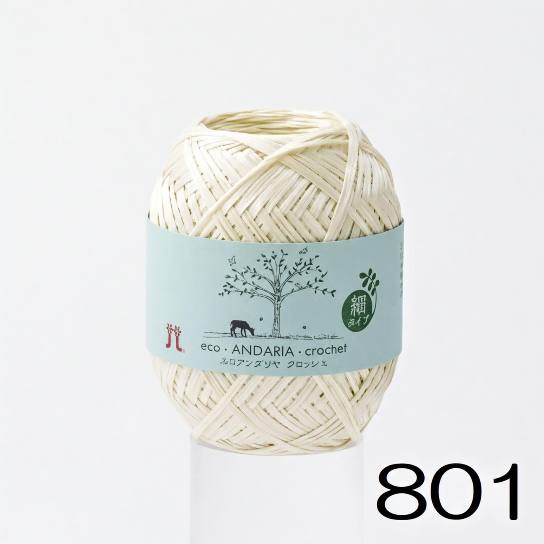 A ball of white yarn with a label that reads "eco - ANDARIA - crochet" and features a tree illustration.