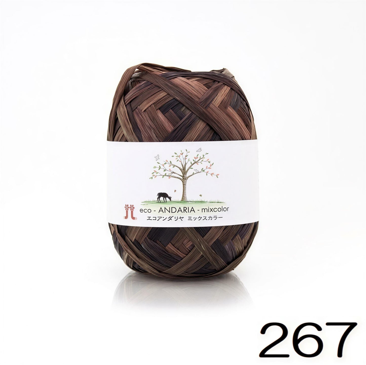 A ball of yarn with a label that reads "eco-ANDARIA - mixcolor" and " Japanese text" on it.