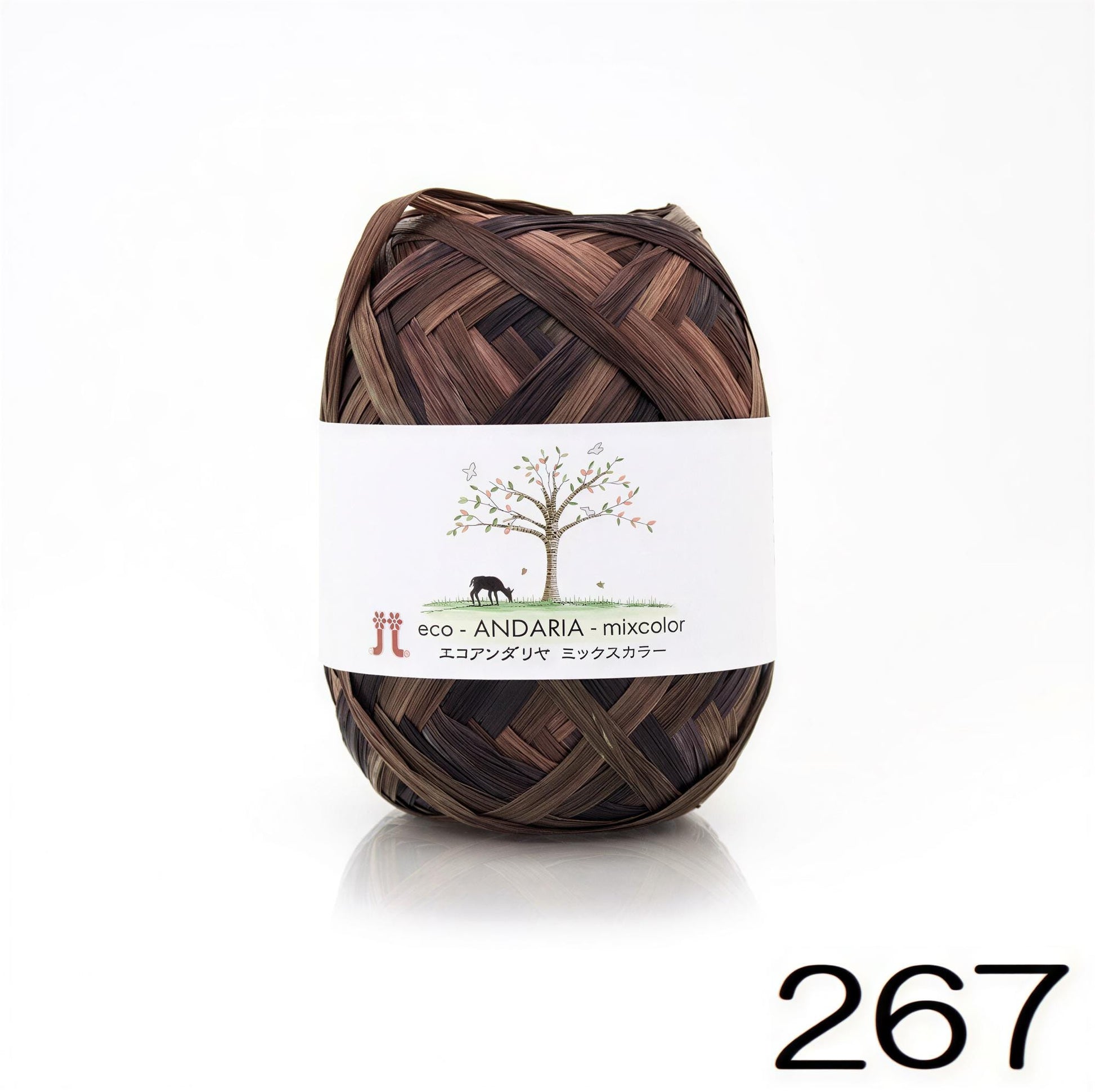 A ball of yarn with a label that reads "eco-ANDARIA - mixcolor" and " Japanese text" on it.