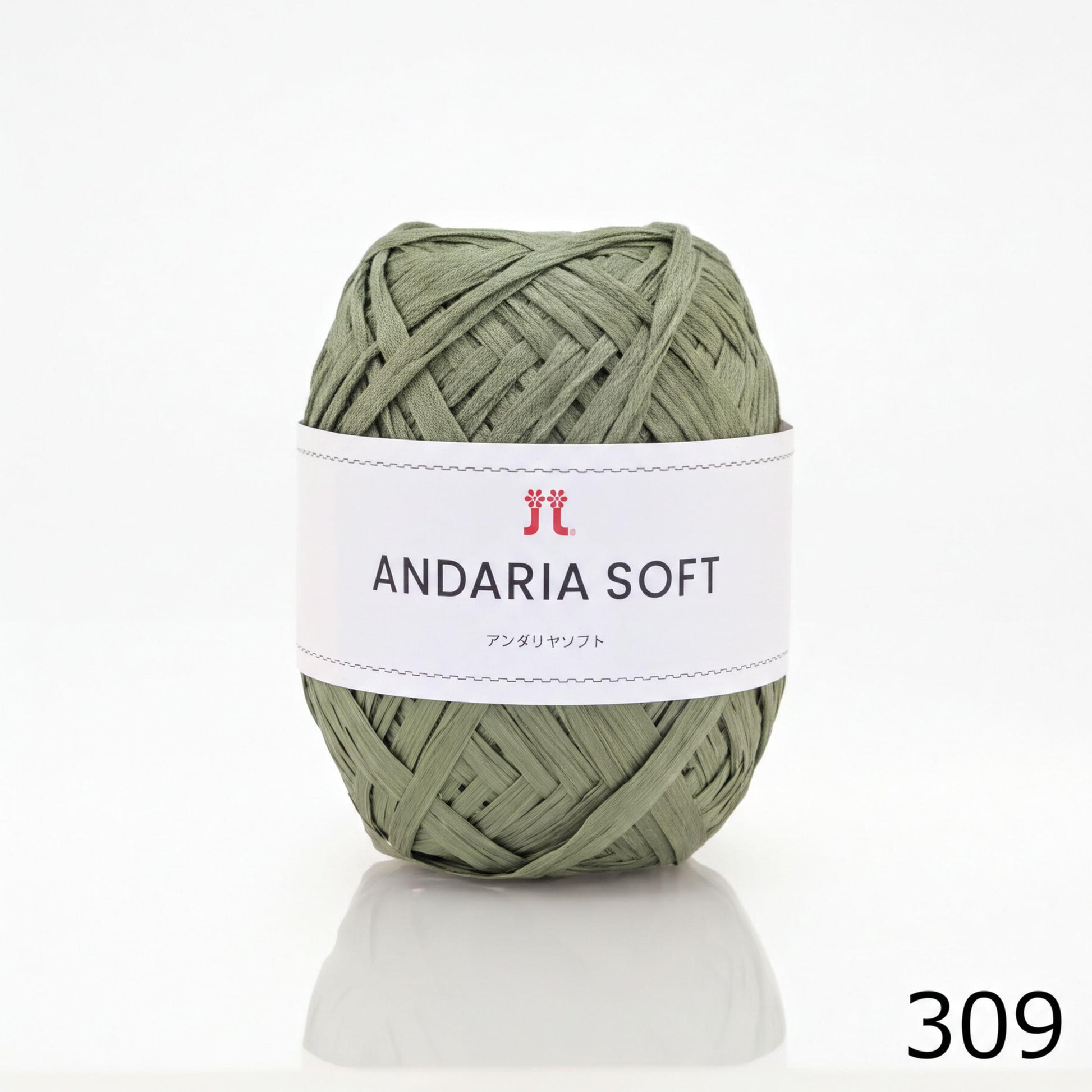 A ball of green yarn labeled "ANDARIA SOFT" with Japanese text, placed on a white surface.