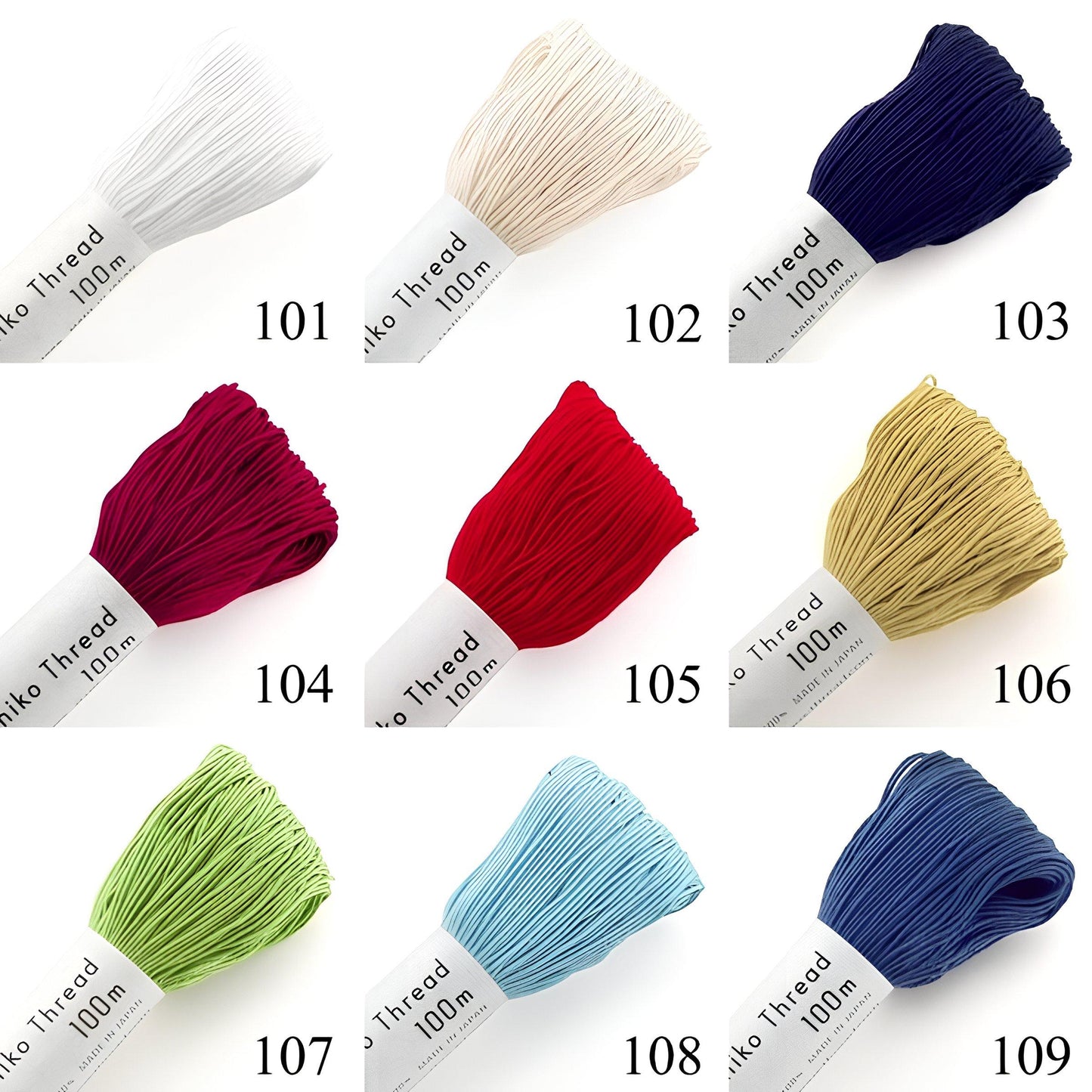 nine spools of thread in various colors, each labeled with a number.