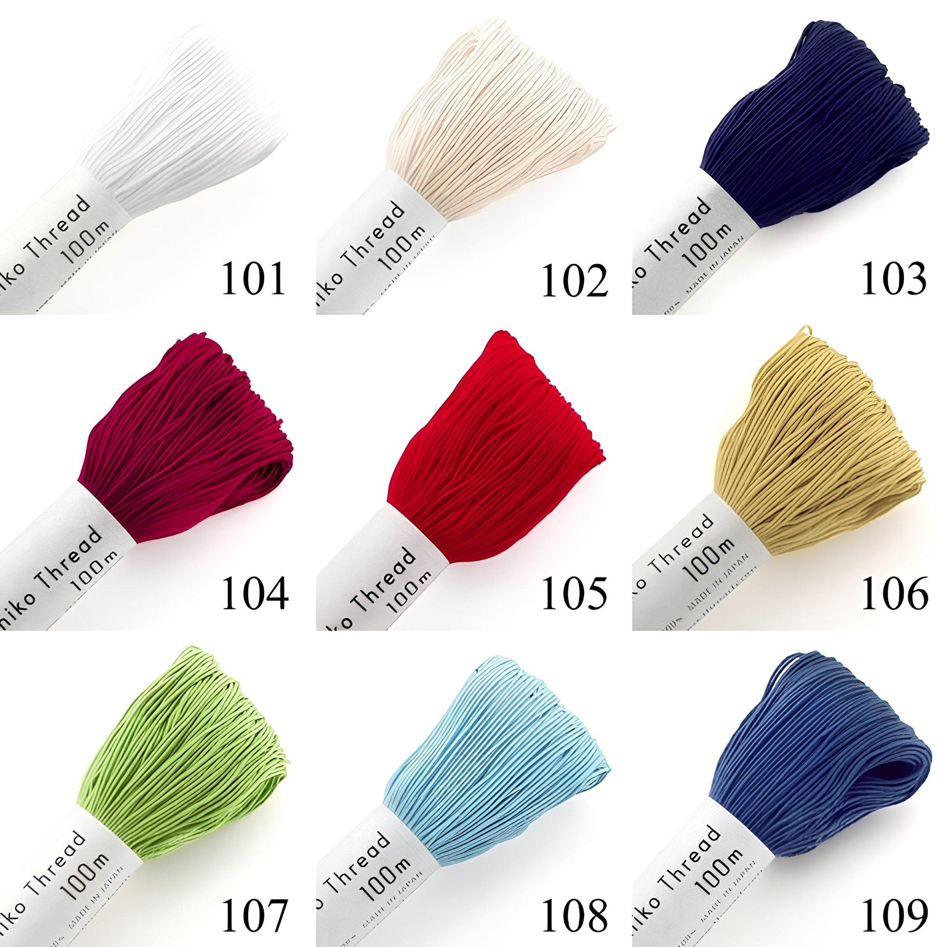nine spools of thread in various colors, each labeled with a number.