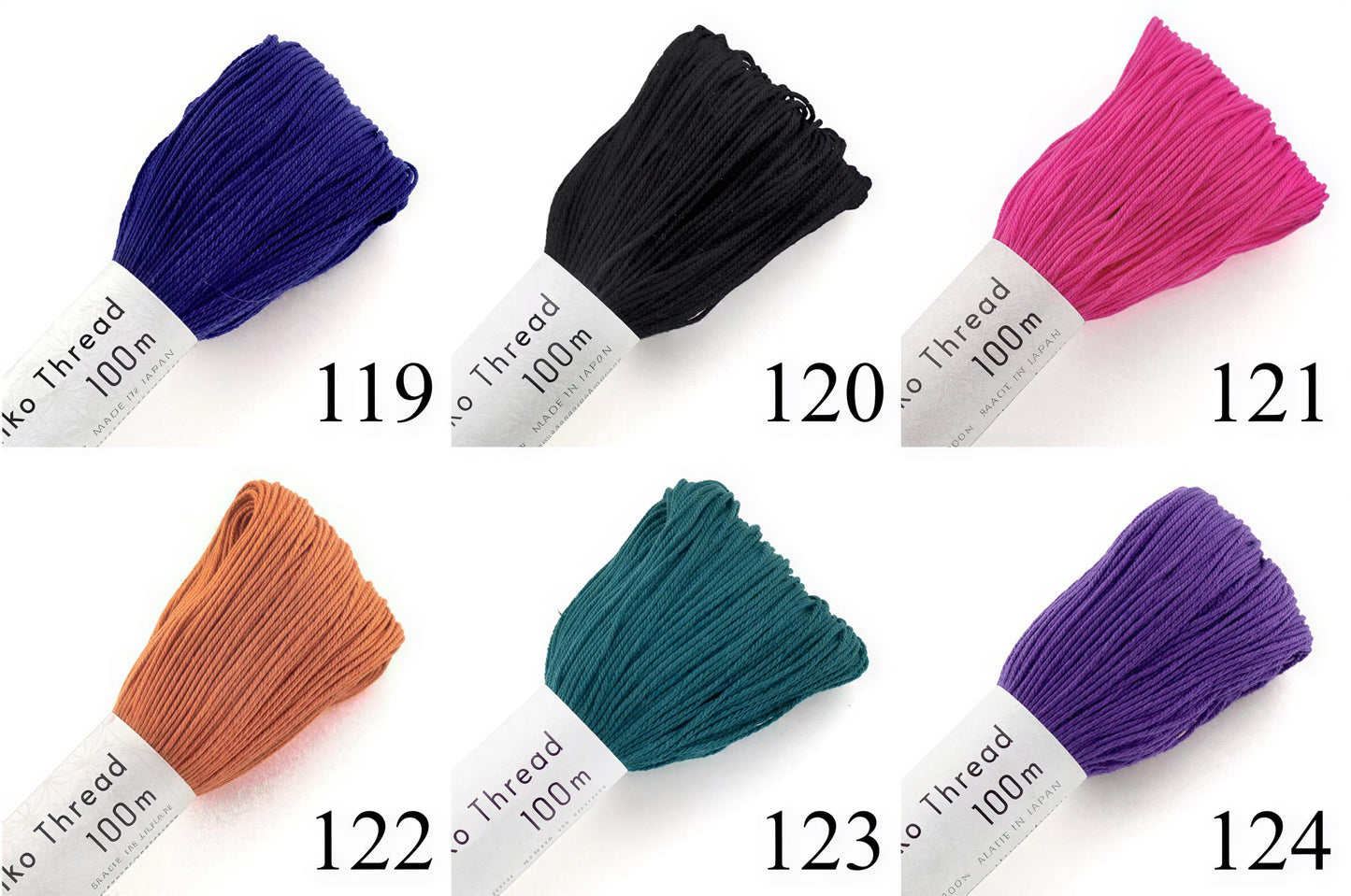 six spools of thread in various colors, each labeled with the number of meters.