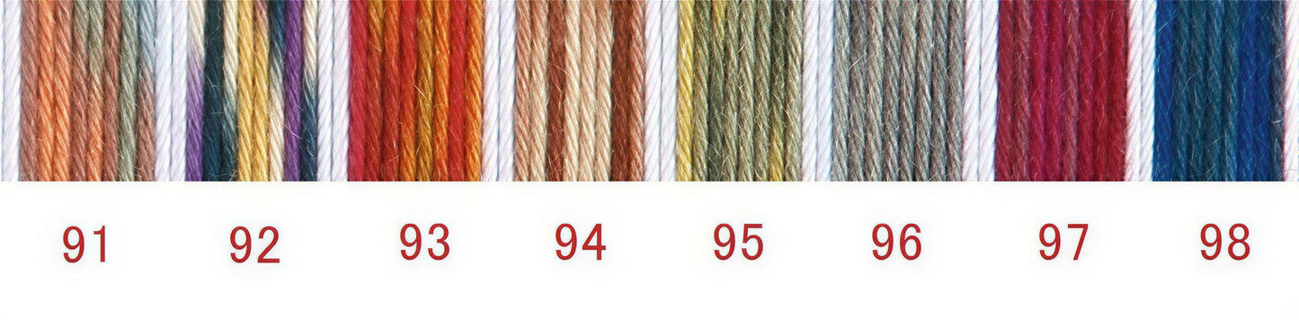 A collection of colored threads or yarns, each with a number below it, arranged in a row.
