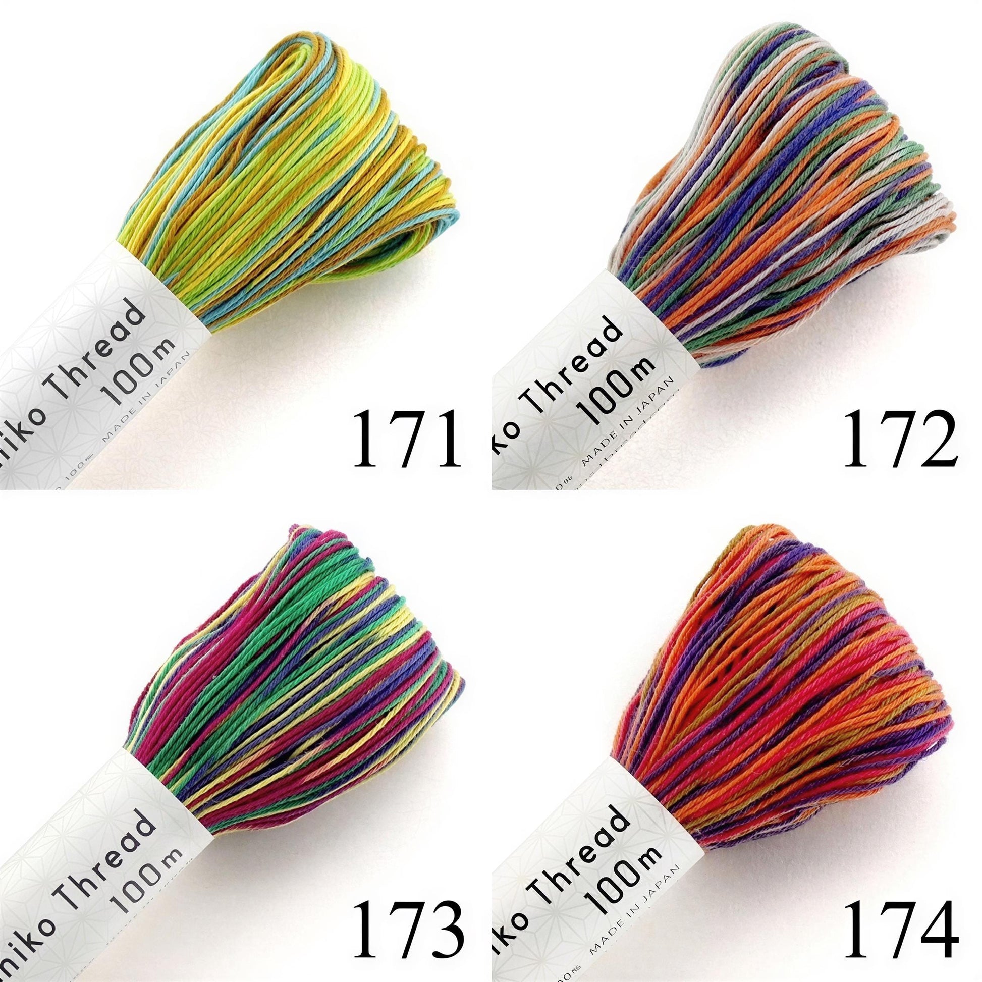 four different bundles of thread, each with a unique color pattern. The bundles are labeled with the numbers 171, 172, 173, and 174.