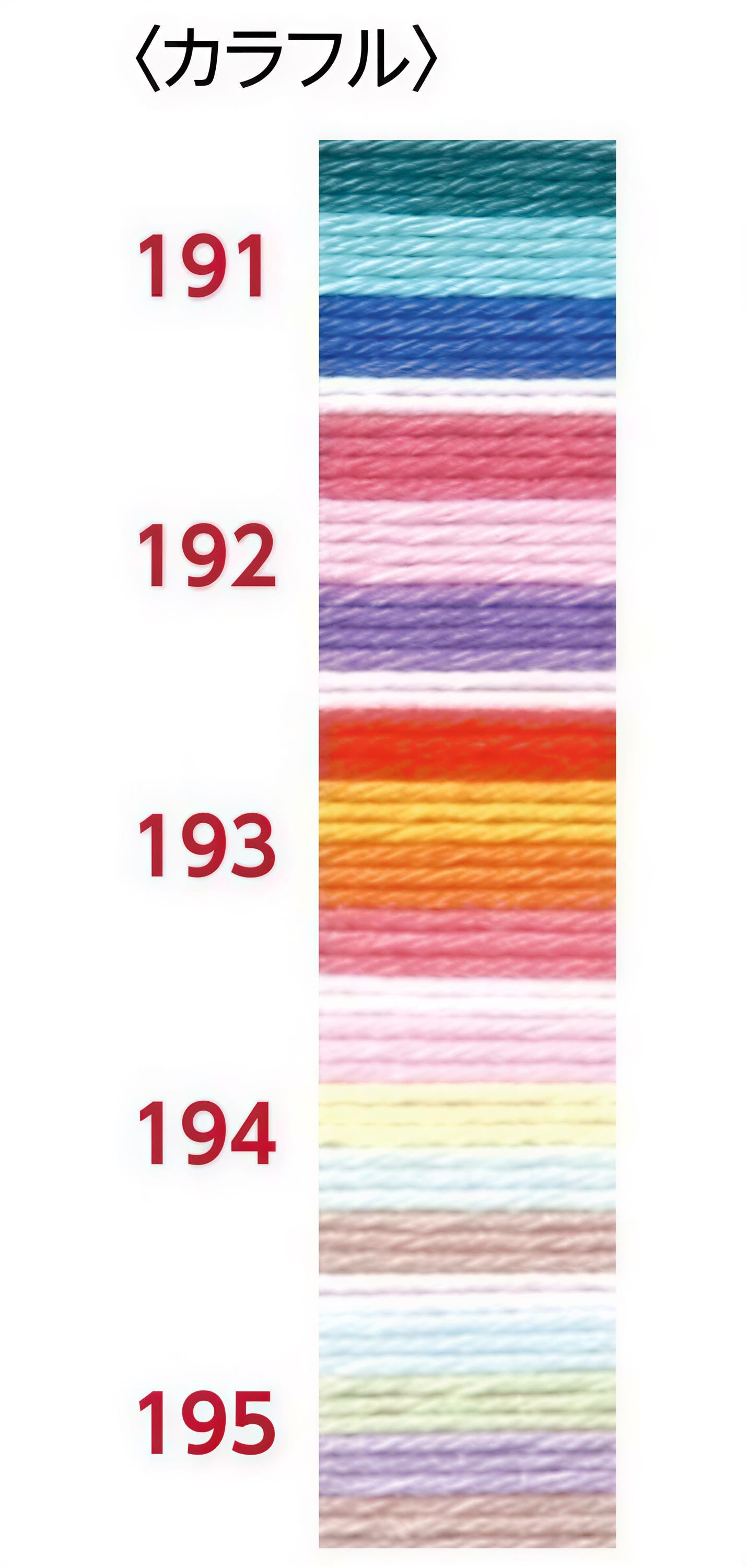 a series of different colored threads or yarns, each numbered and arranged in a vertical column.