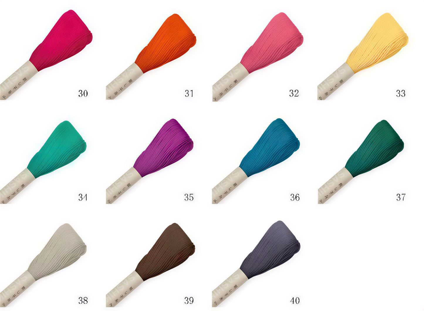 a collection of nine colorful spools of thread, each with a unique color and pattern, arranged in a grid-like pattern.