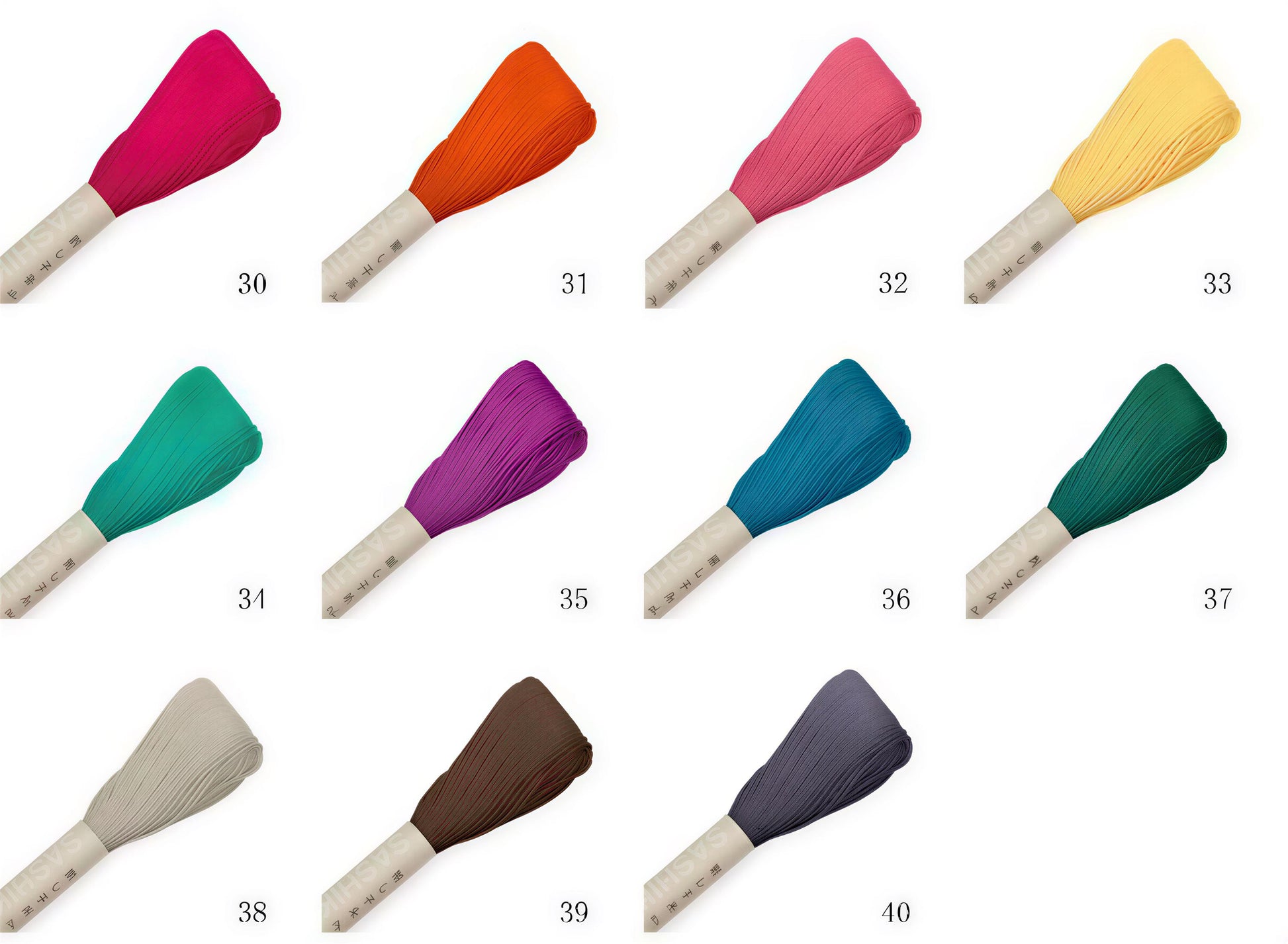 a collection of nine colorful spools of thread, each with a unique color and pattern, arranged in a grid-like pattern.
