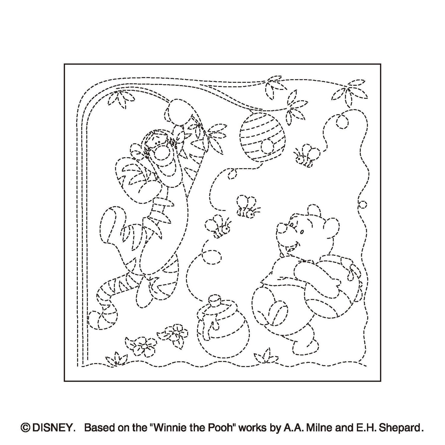The image is a black and white line drawing depicting Winnie the Pooh and Tigger in a whimsical, nature-inspired scene.
