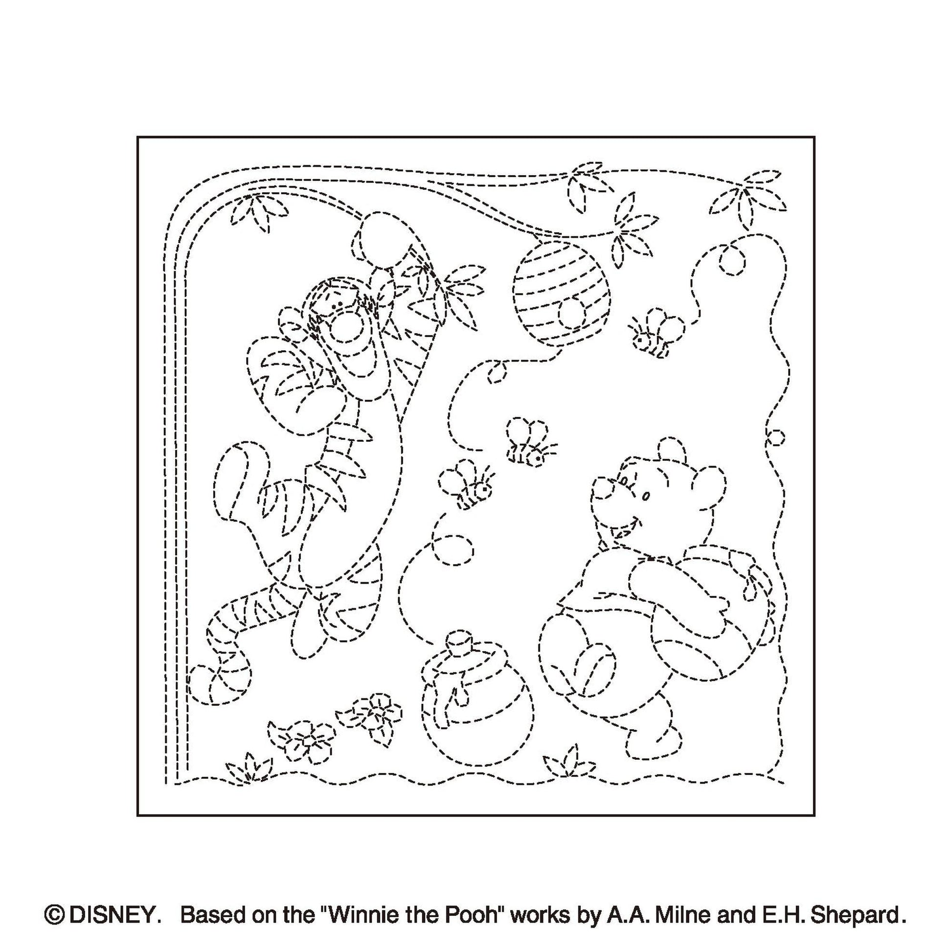 The image is a black and white line drawing depicting Winnie the Pooh and Tigger in a whimsical, nature-inspired scene.