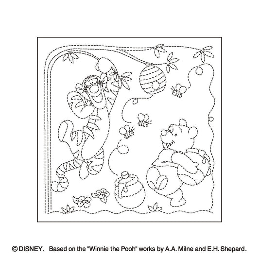 The image is a black and white line drawing depicting Winnie the Pooh and Tigger in a whimsical, nature-inspired scene.