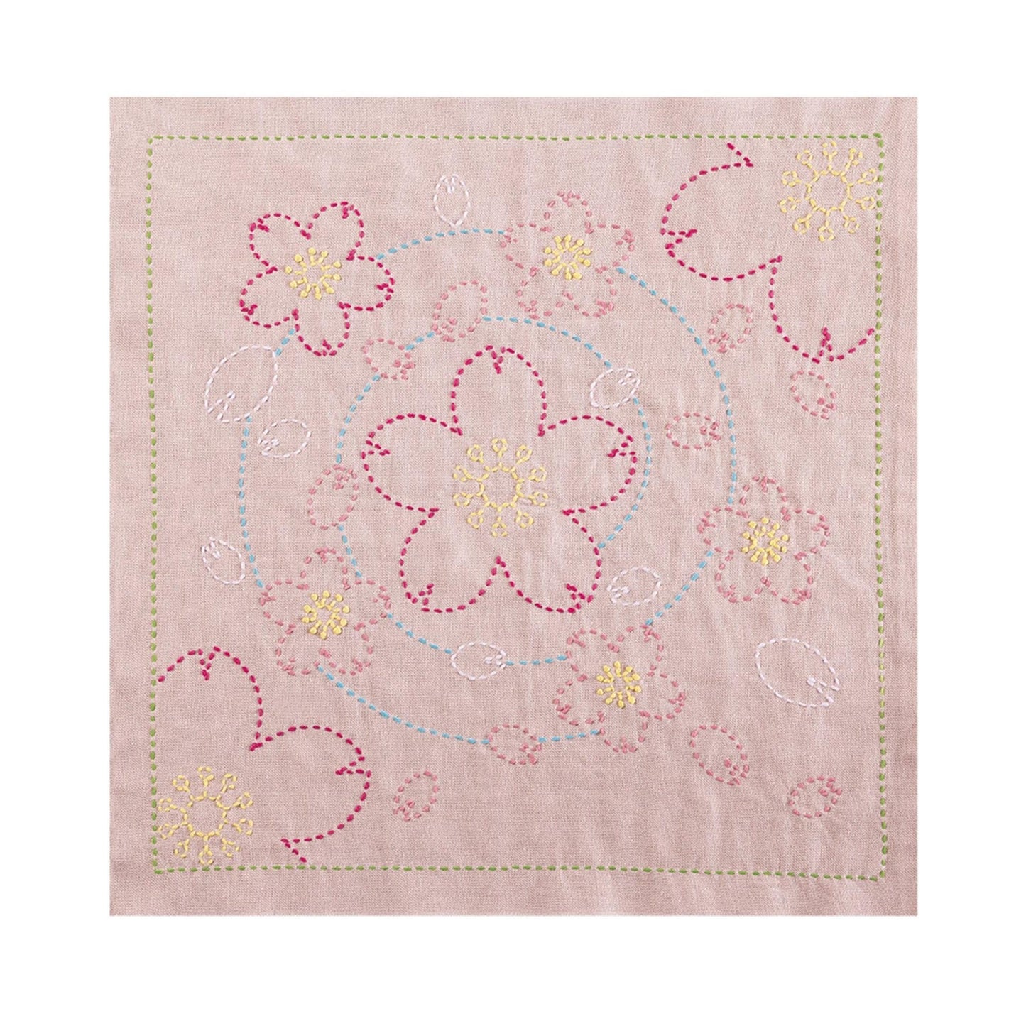 a square-shaped fabric with a floral design, including pink and yellow flowers and leaves. The design is created using a needle and thread technique, with the flowers and leaves appearing as small, intricate patterns.