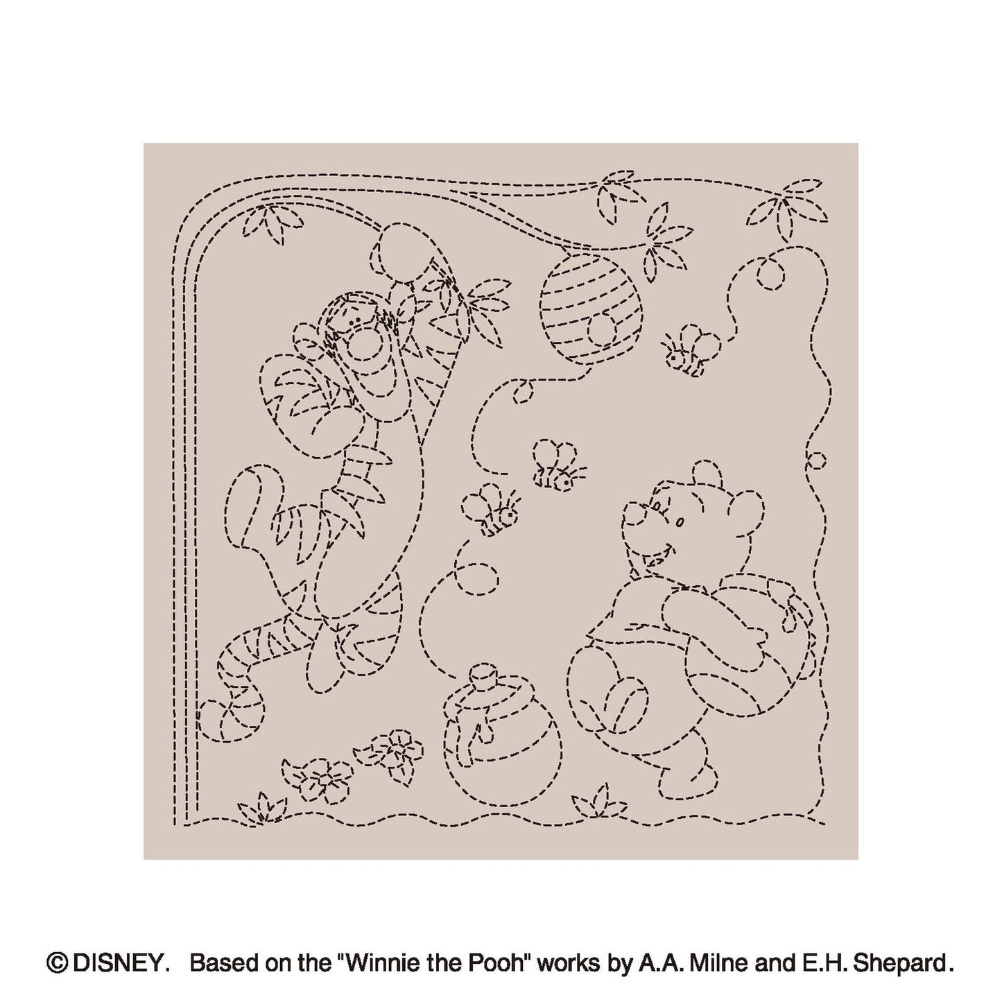 The image is a line drawing of Winnie the Pooh and Tigger, two characters from the Disney Winnie the Pooh series. The drawing features the characters in various poses and settings, surrounded by flowers and honey pots.