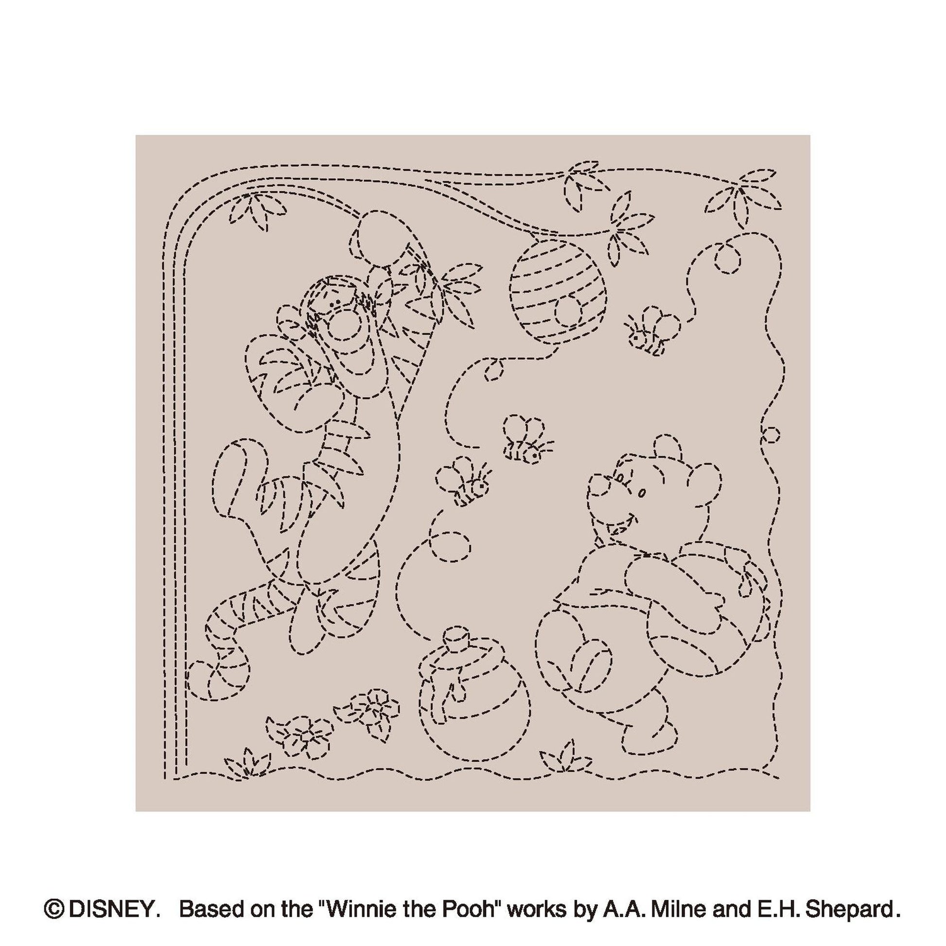The image is a line drawing of Winnie the Pooh and Tigger, two characters from the Disney Winnie the Pooh series. The drawing features the characters in various poses and settings, surrounded by flowers and honey pots.