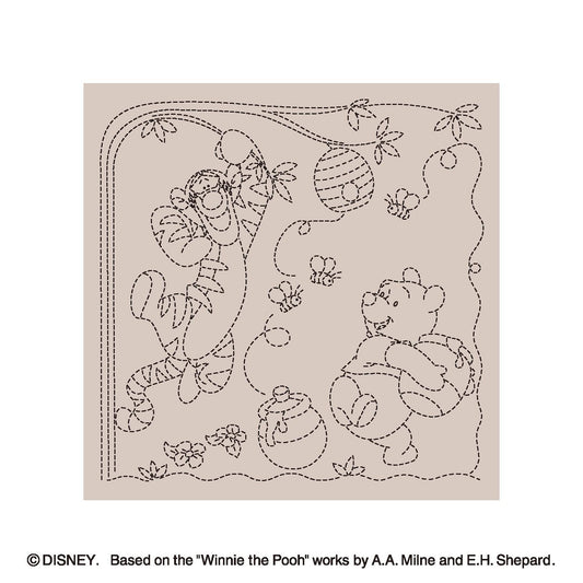 The image is a line drawing of Winnie the Pooh and Tigger, two characters from the Disney Winnie the Pooh series. The drawing features the characters in various poses and settings, surrounded by flowers and honey pots.