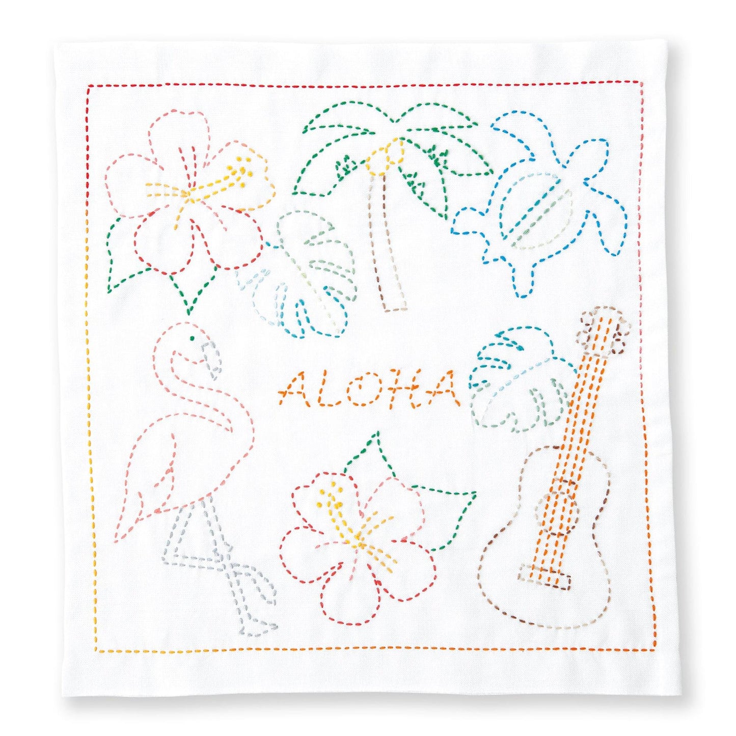 The image is a colorful embroidered design featuring various tropical elements such as flowers, palm trees, and a guitar, with the word "ALOHA" prominently displayed.
