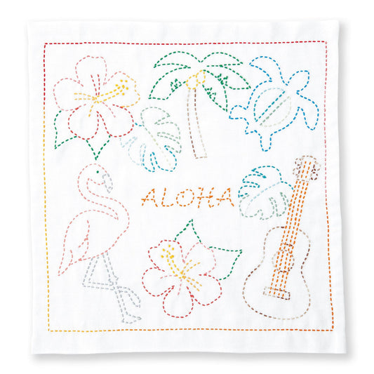 The image is a colorful embroidered design featuring various tropical elements such as flowers, palm trees, and a guitar, with the word "ALOHA" prominently displayed.