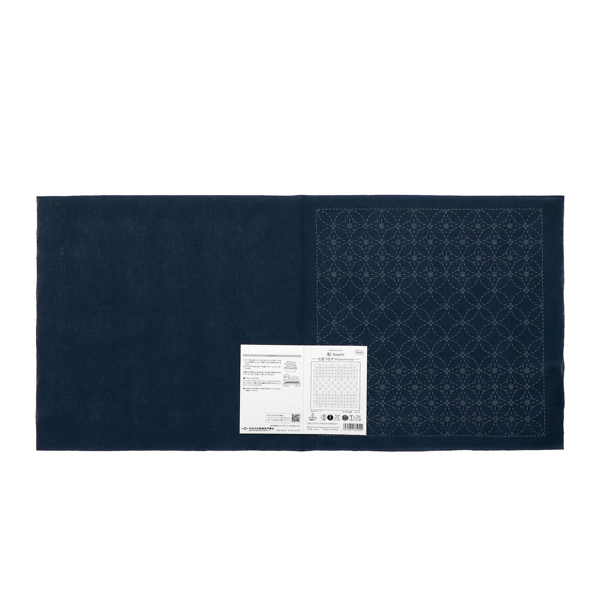 The image is a dark blue fabric with a white label attached to it, which appears to be a sewing or crafting material.
