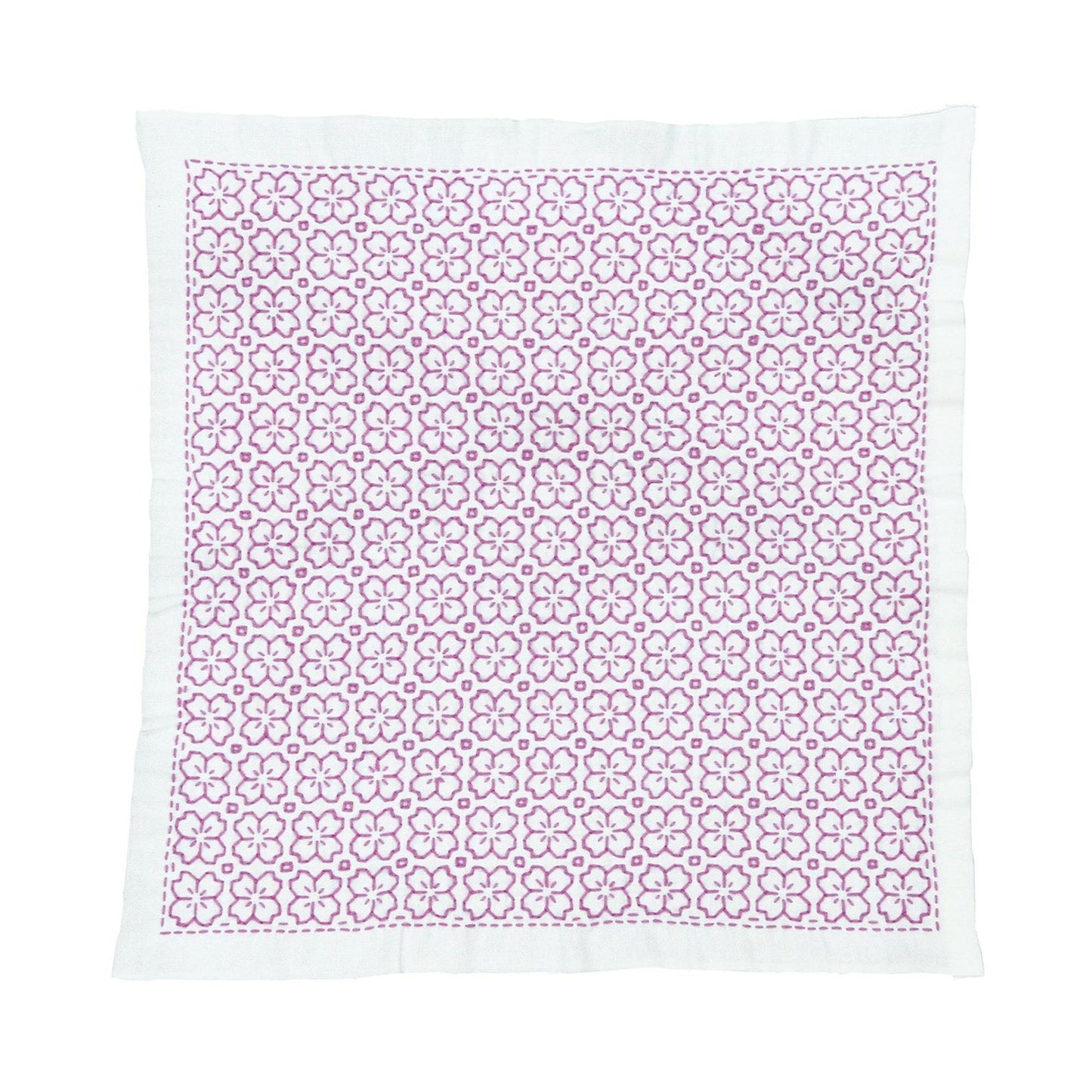 a square-shaped fabric with a repeating pattern of pink flowers on a white background.