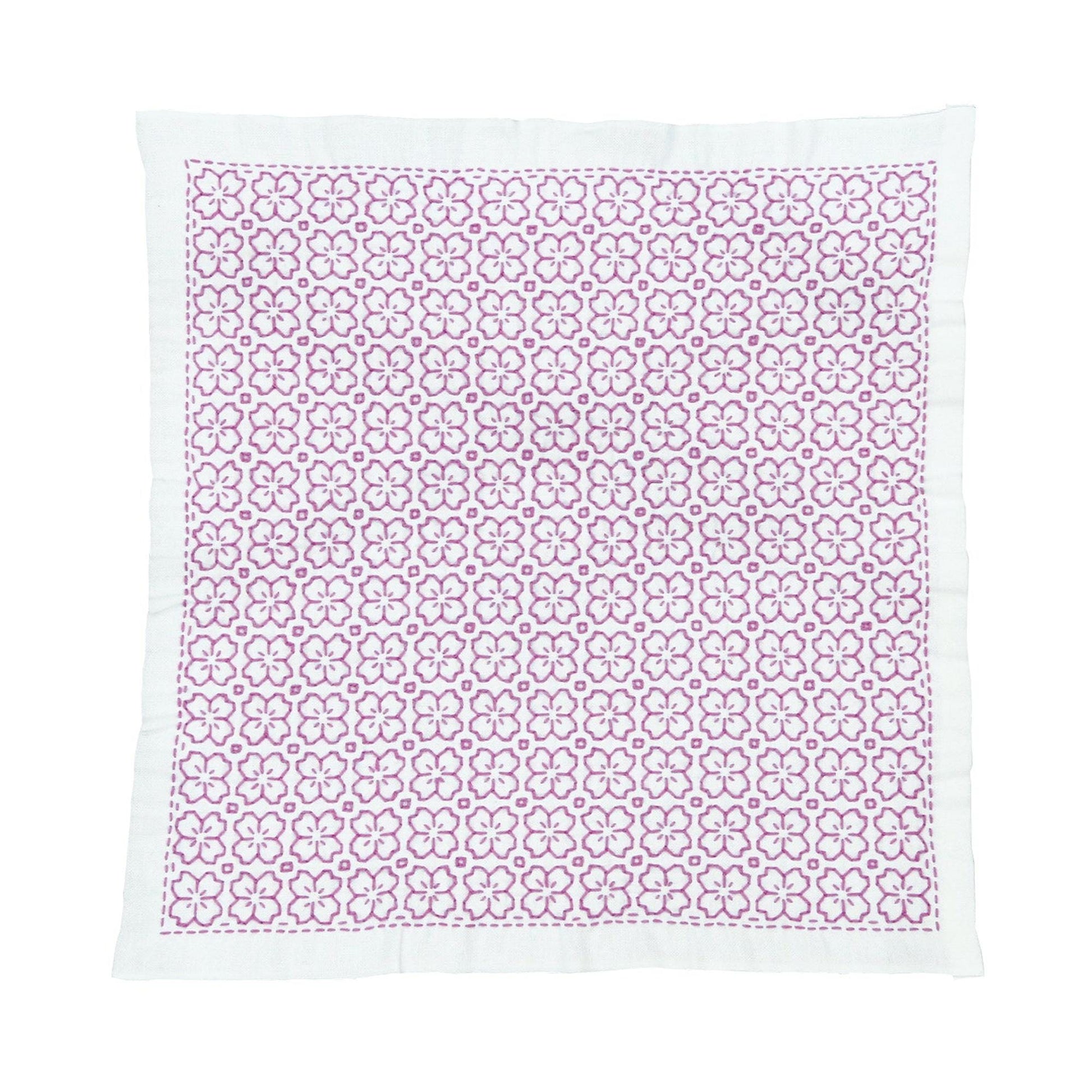 a square-shaped fabric with a repeating pattern of pink flowers on a white background.