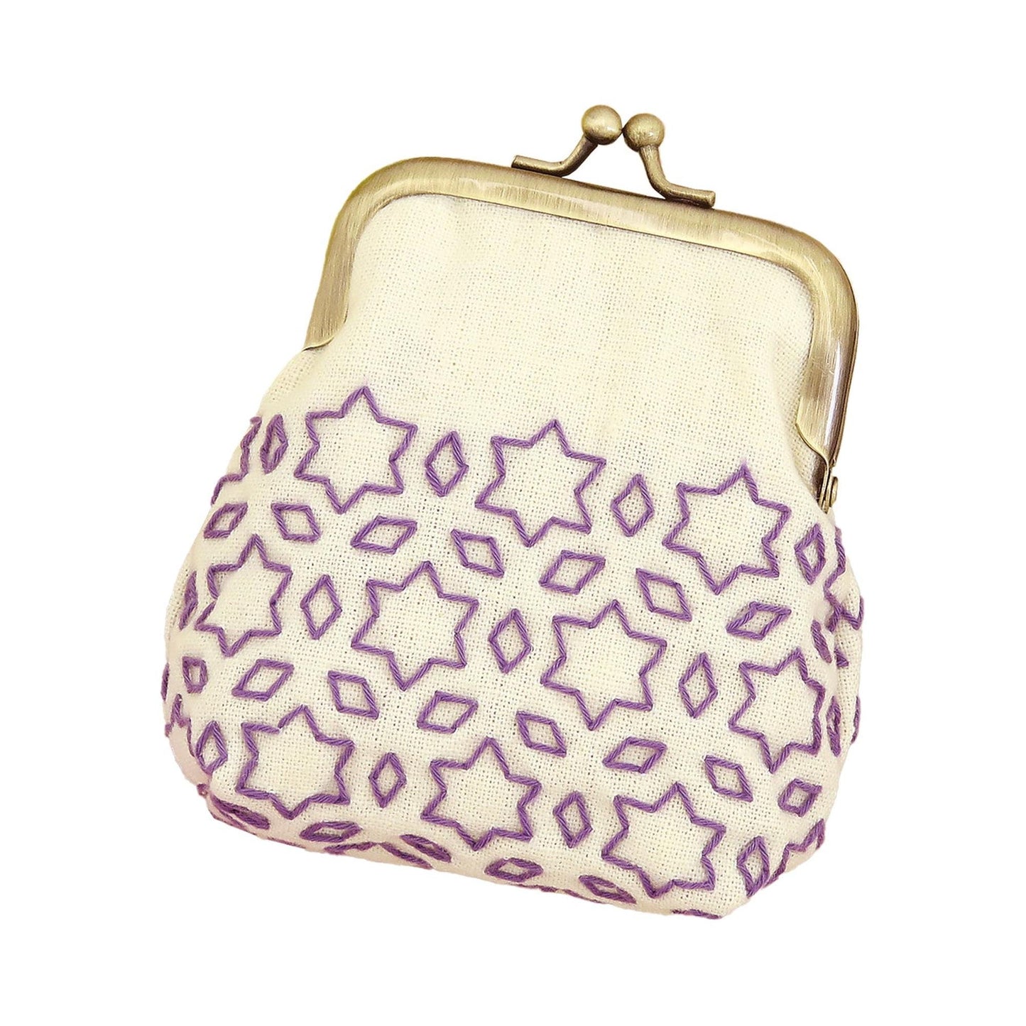 A small purse with a gold clasp and a white interior, decorated with purple star patterns.