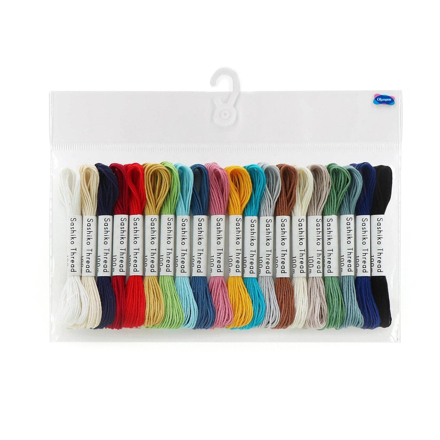 A clear plastic bag containing a variety of colorful thread spools, each labeled with a different color.