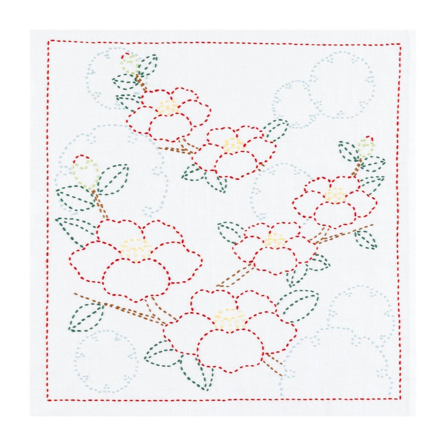 a floral pattern with red and green flowers, along with green leaves, arranged in a decorative manner.