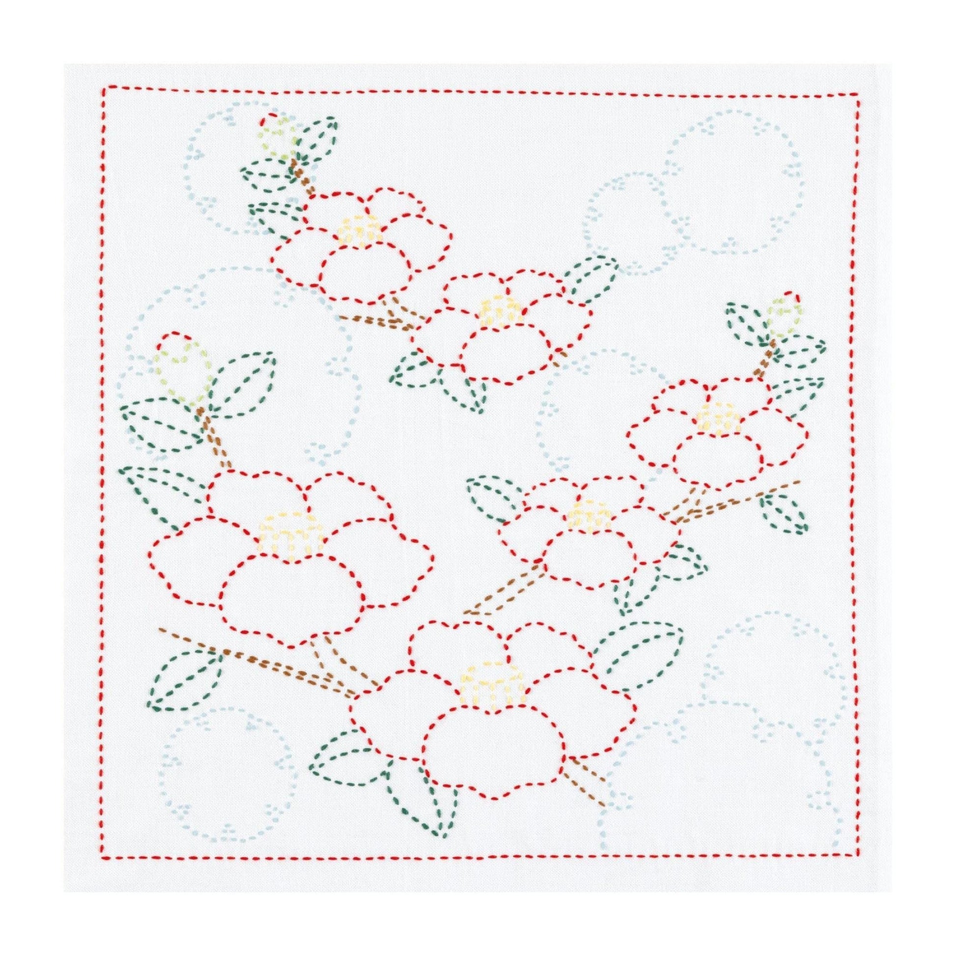 a floral pattern with red and green flowers, along with green leaves, arranged in a decorative manner.